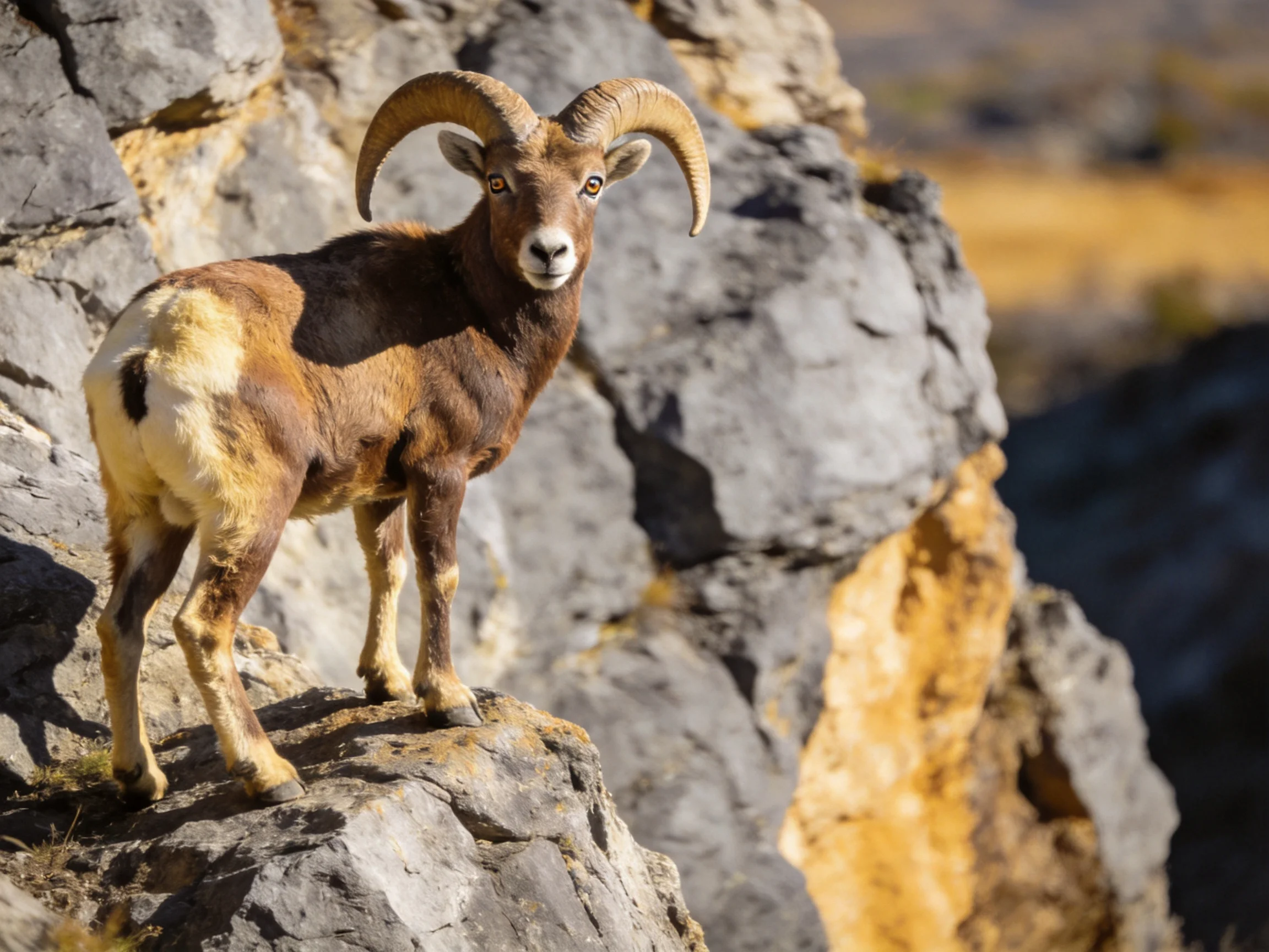 A brown-tan bighorn sheep with curved horns on rocky cliffs