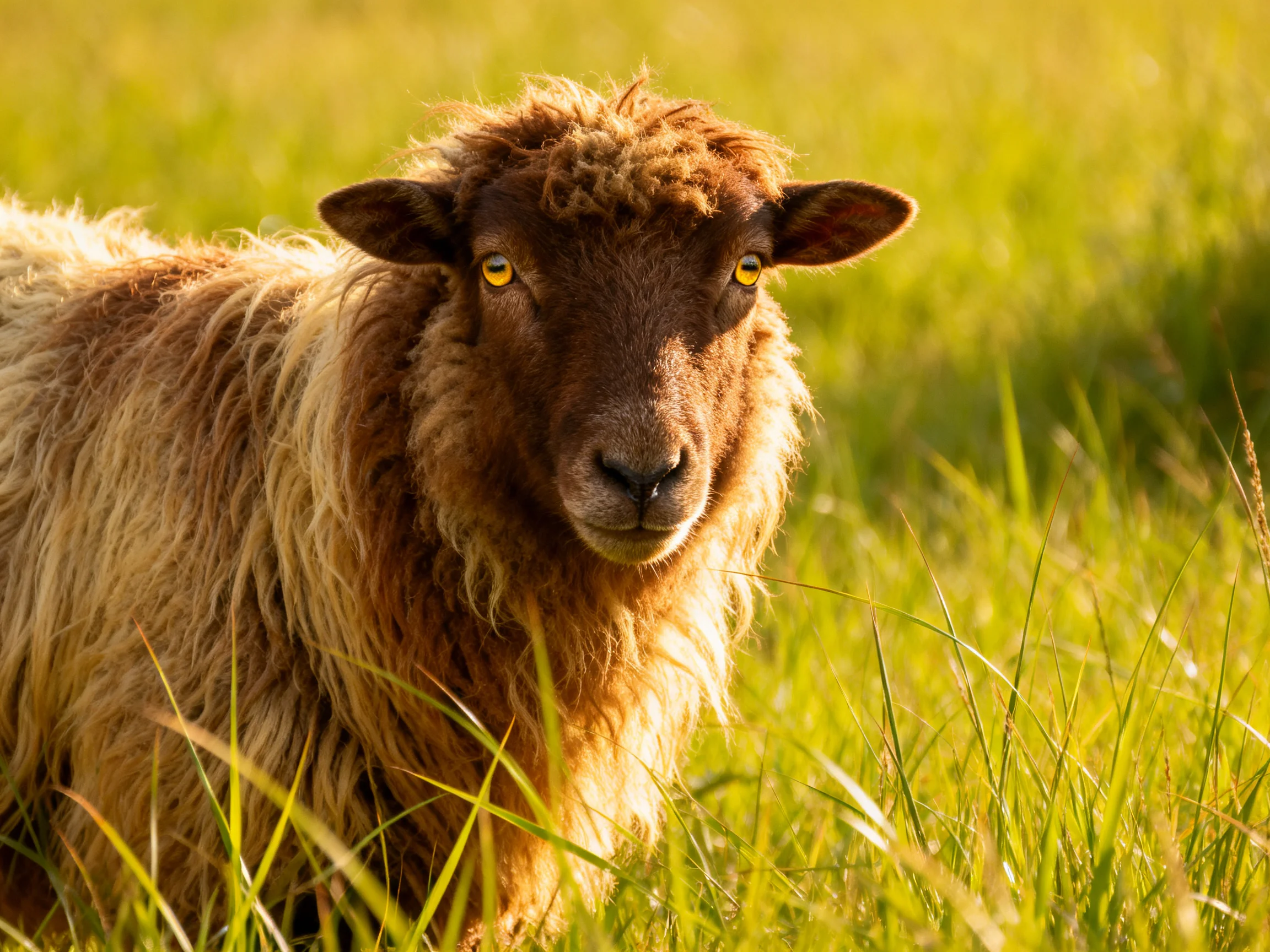 A brown-tan sheep with shaggy coat in sunlit green field