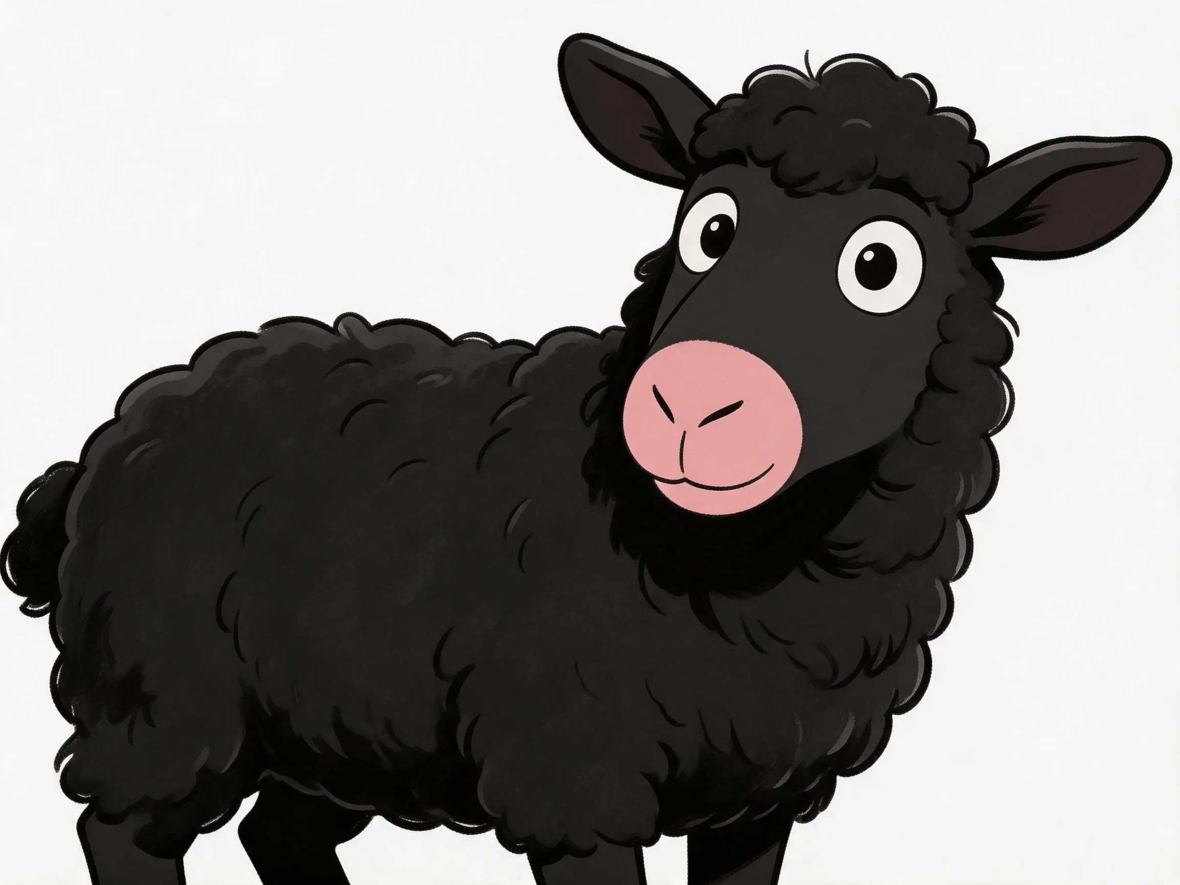 A cartoon black sheep with pink snout and curly wool
