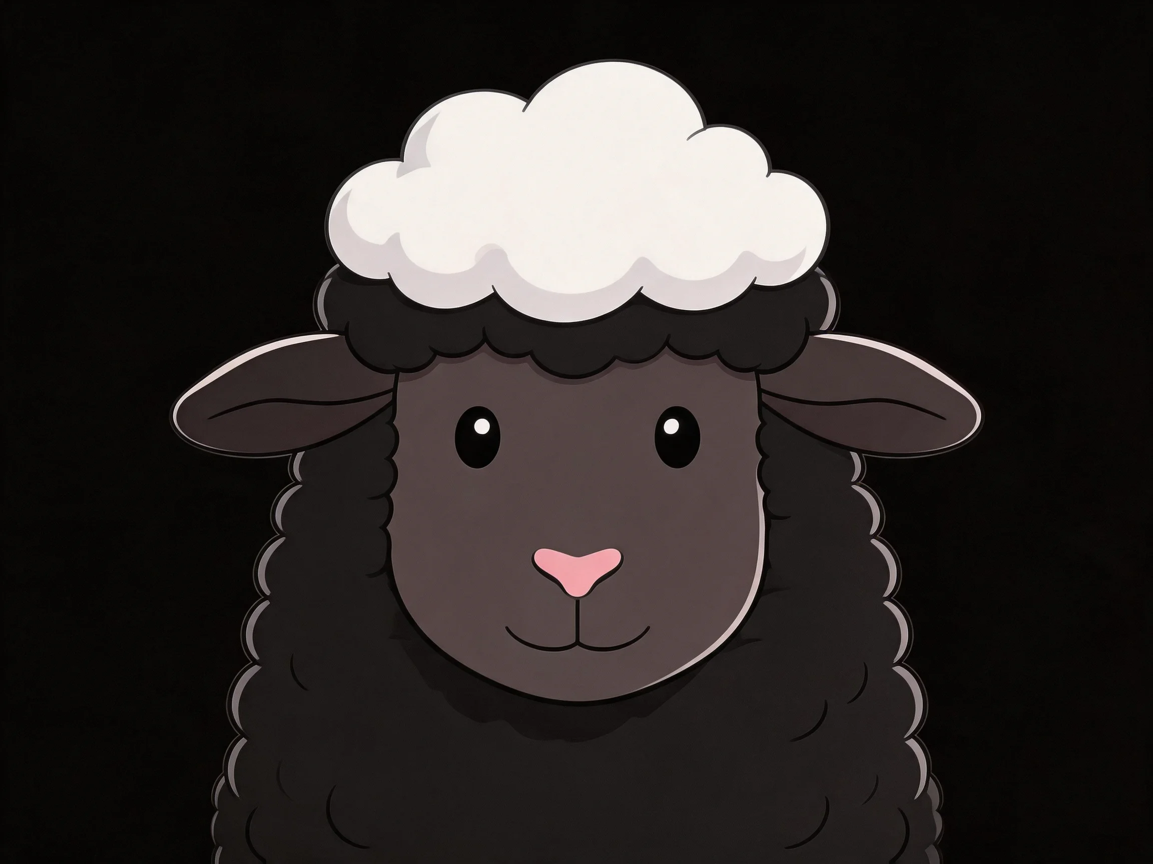 A cartoon black sheep with white wool tuft against a solid black backdrop