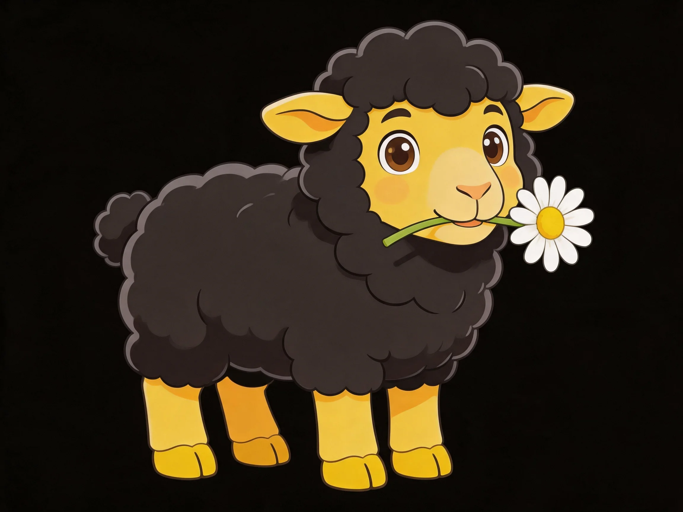A cartoon black sheep with yellow features holding a white daisy