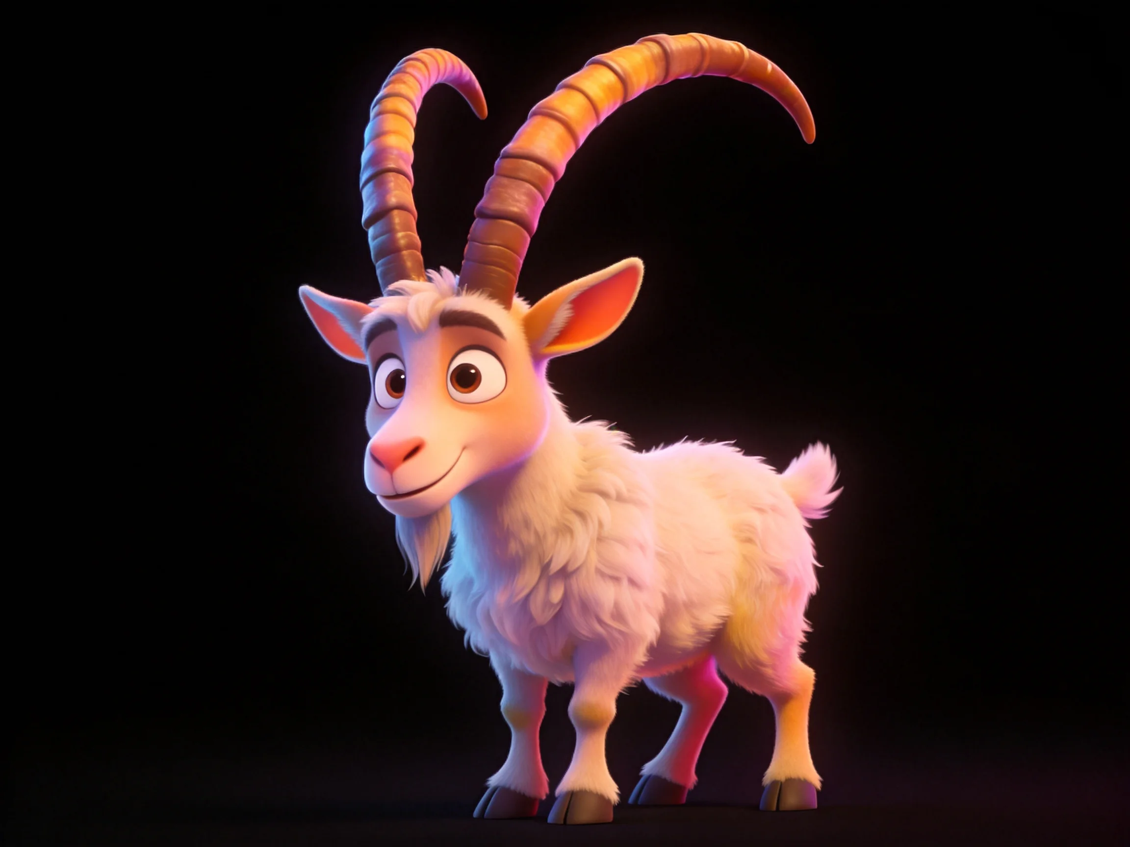 A cartoon goat with large curved horns and soft white fur