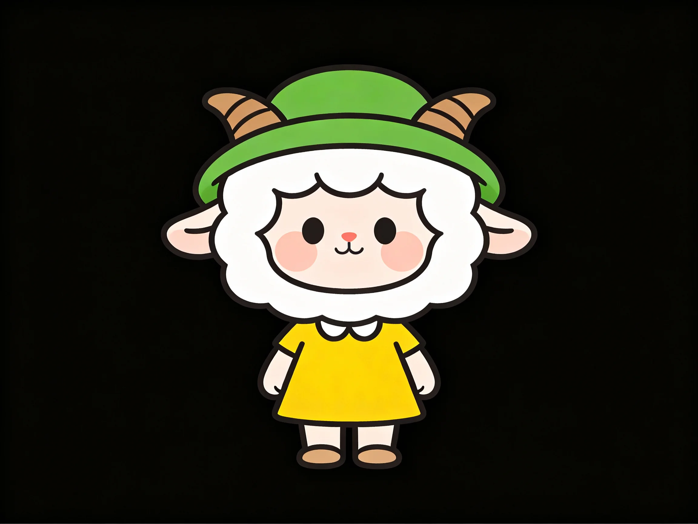 A cartoon sheep character wearing a green hat and yellow dress