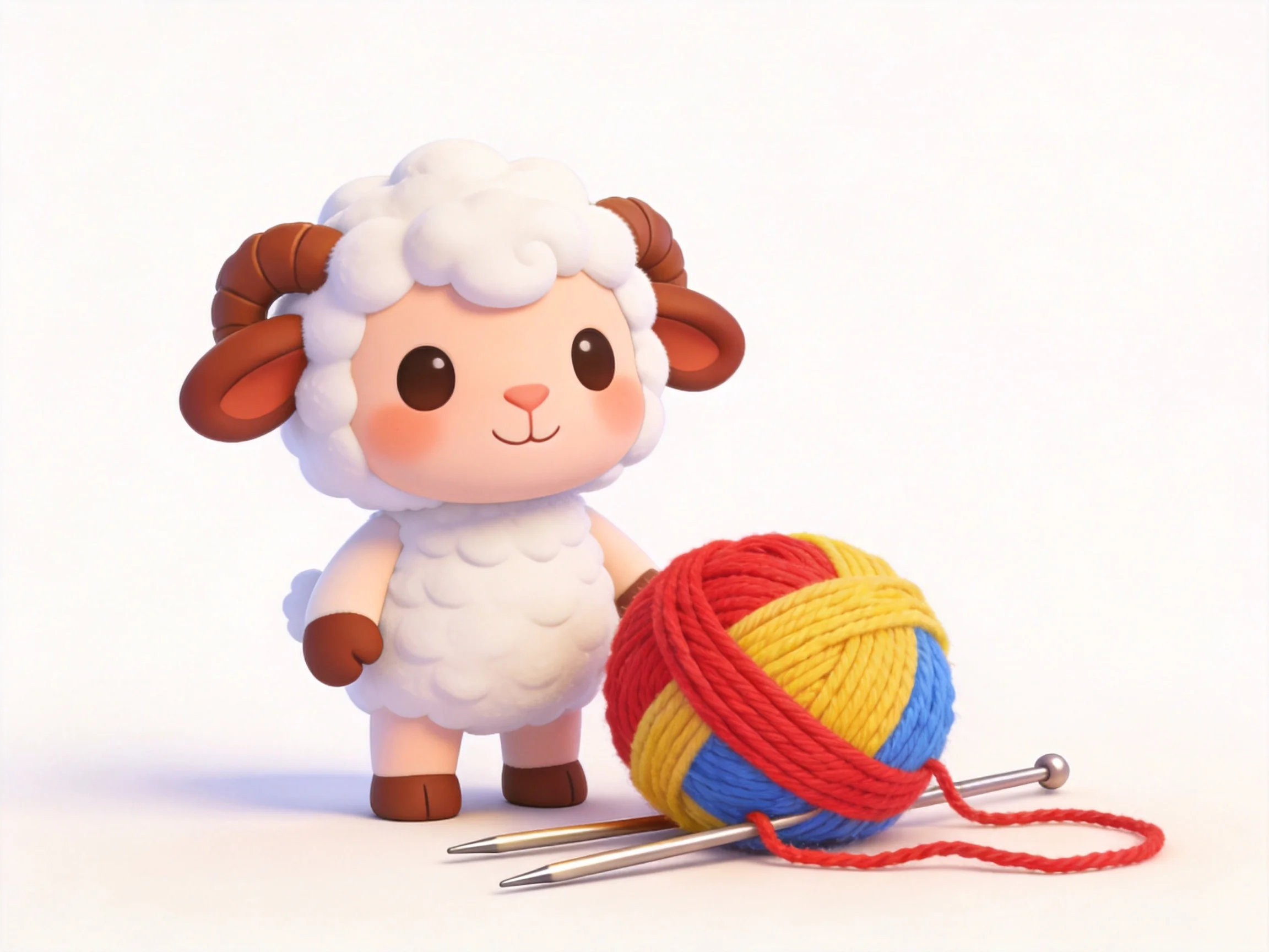 A cartoon sheep figurine beside colorful yarn balls and knitting needles