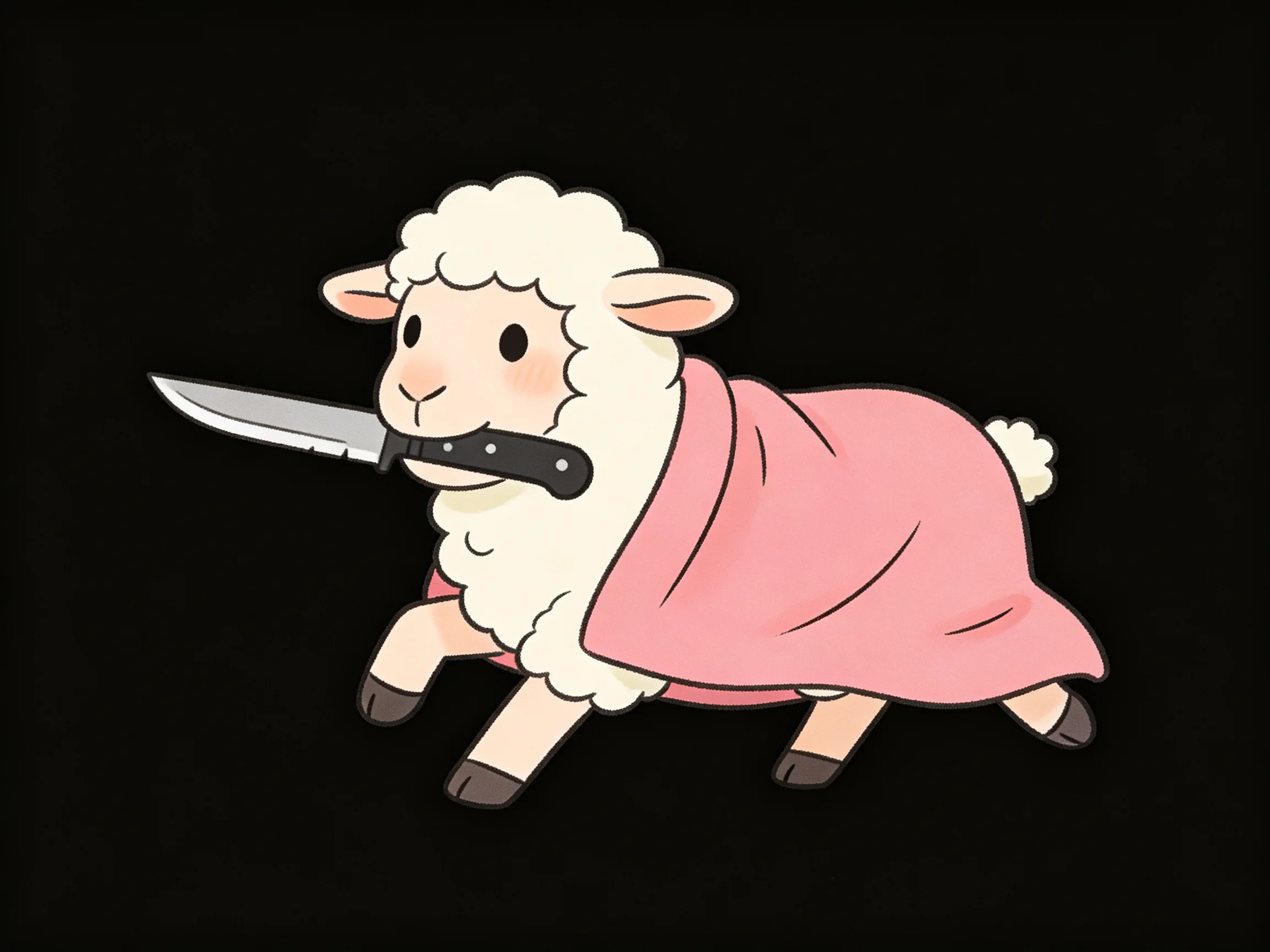 A cartoon sheep in pink robe carrying a large knife