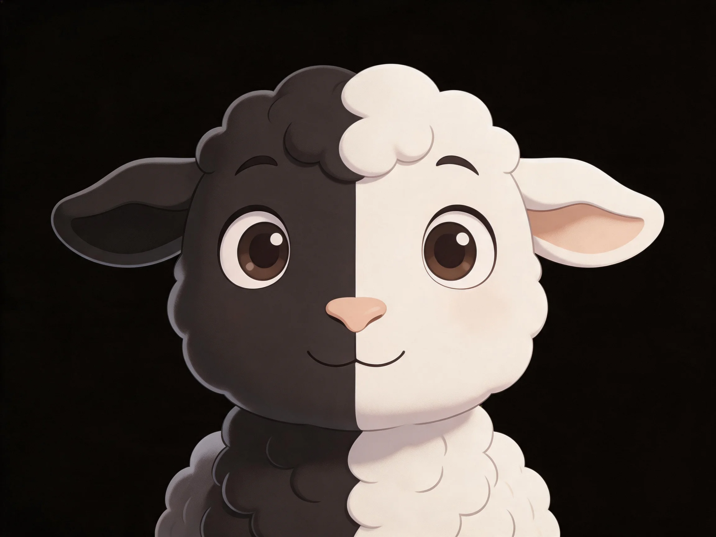 A cartoon sheep split into black and white halves with large eyes