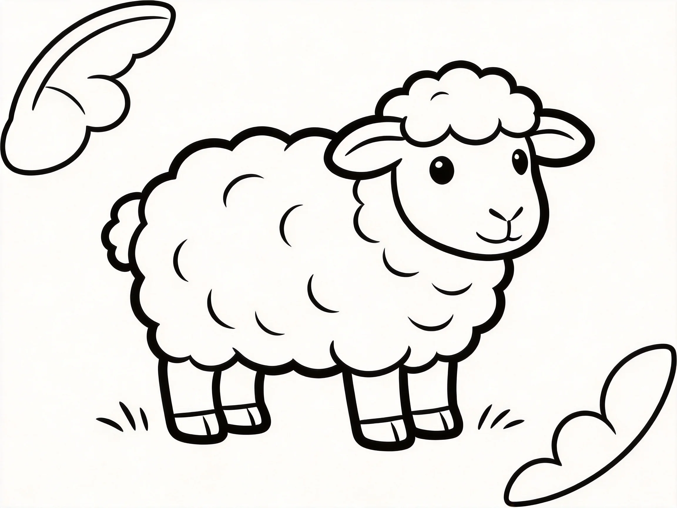 A cartoon sheep standing next to two outlined leaves