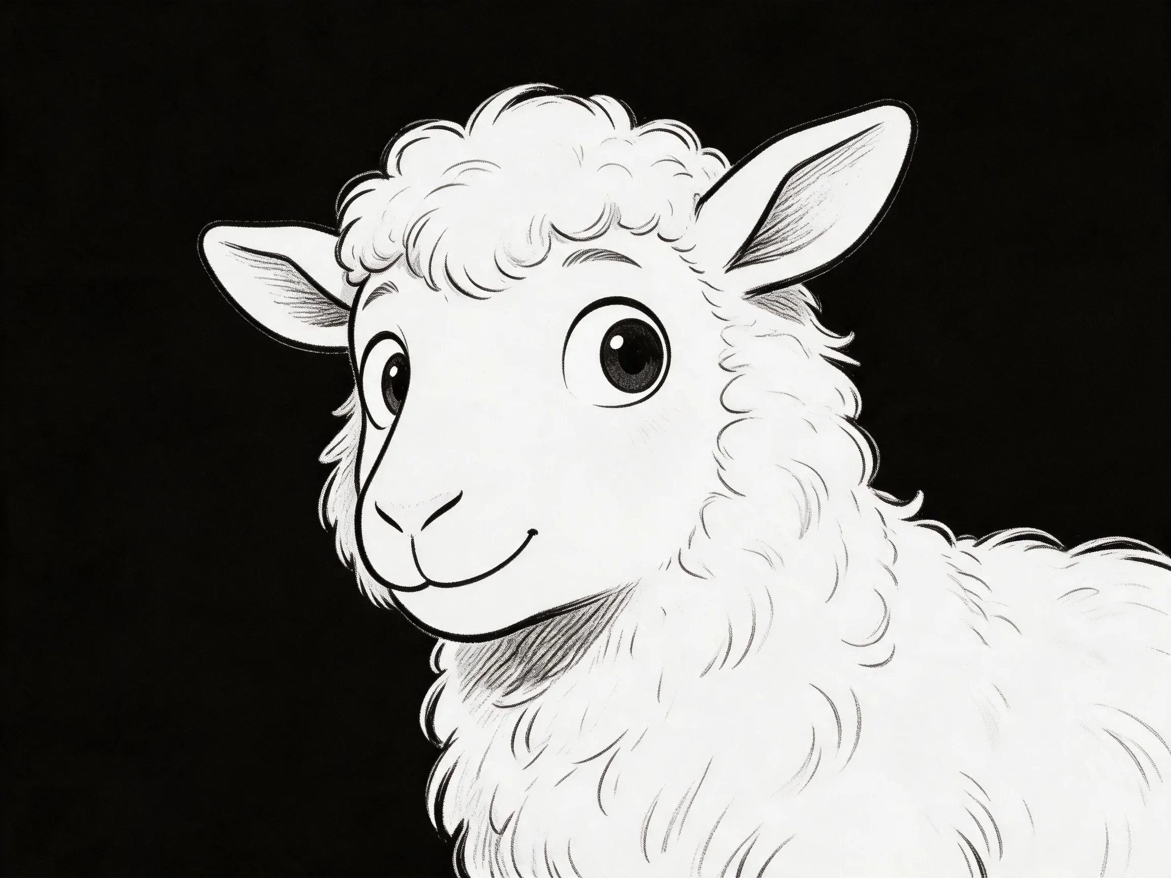 A cartoon sheep with curly white wool and large expressive eyes