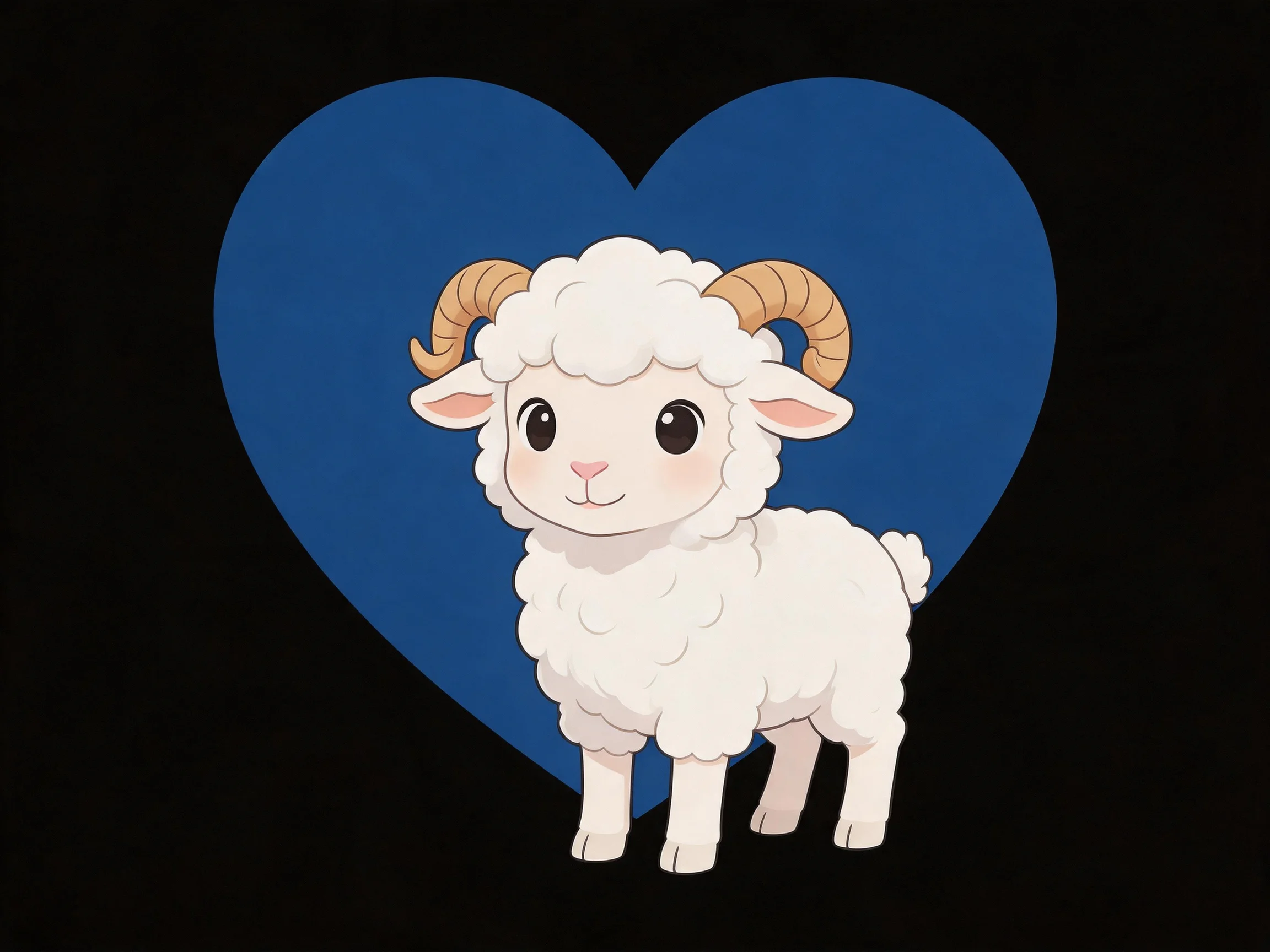 A cartoon sheep with curved horns stands before a large blue heart