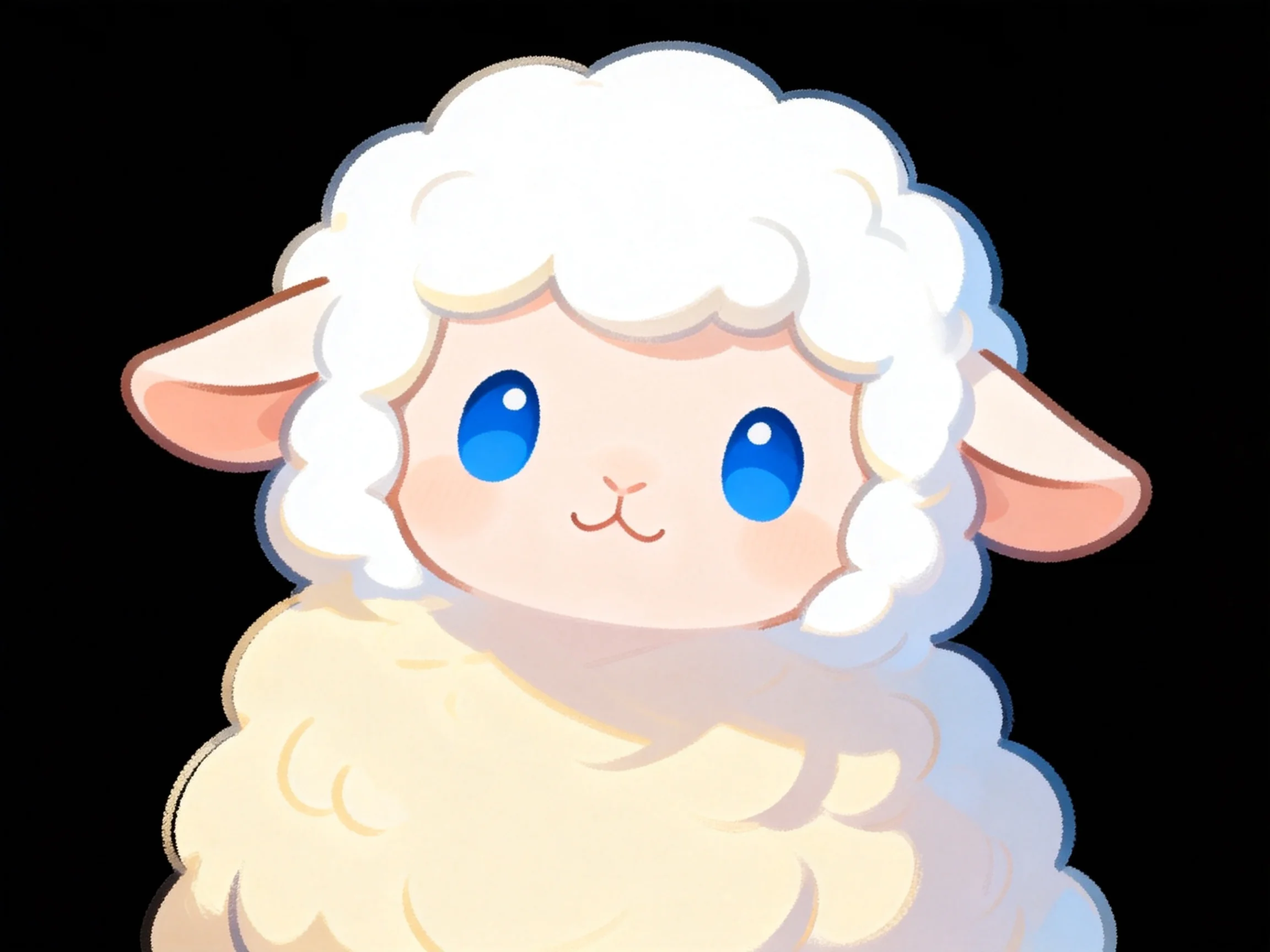 A cartoon sheep with fluffy white wool and bright blue eyes