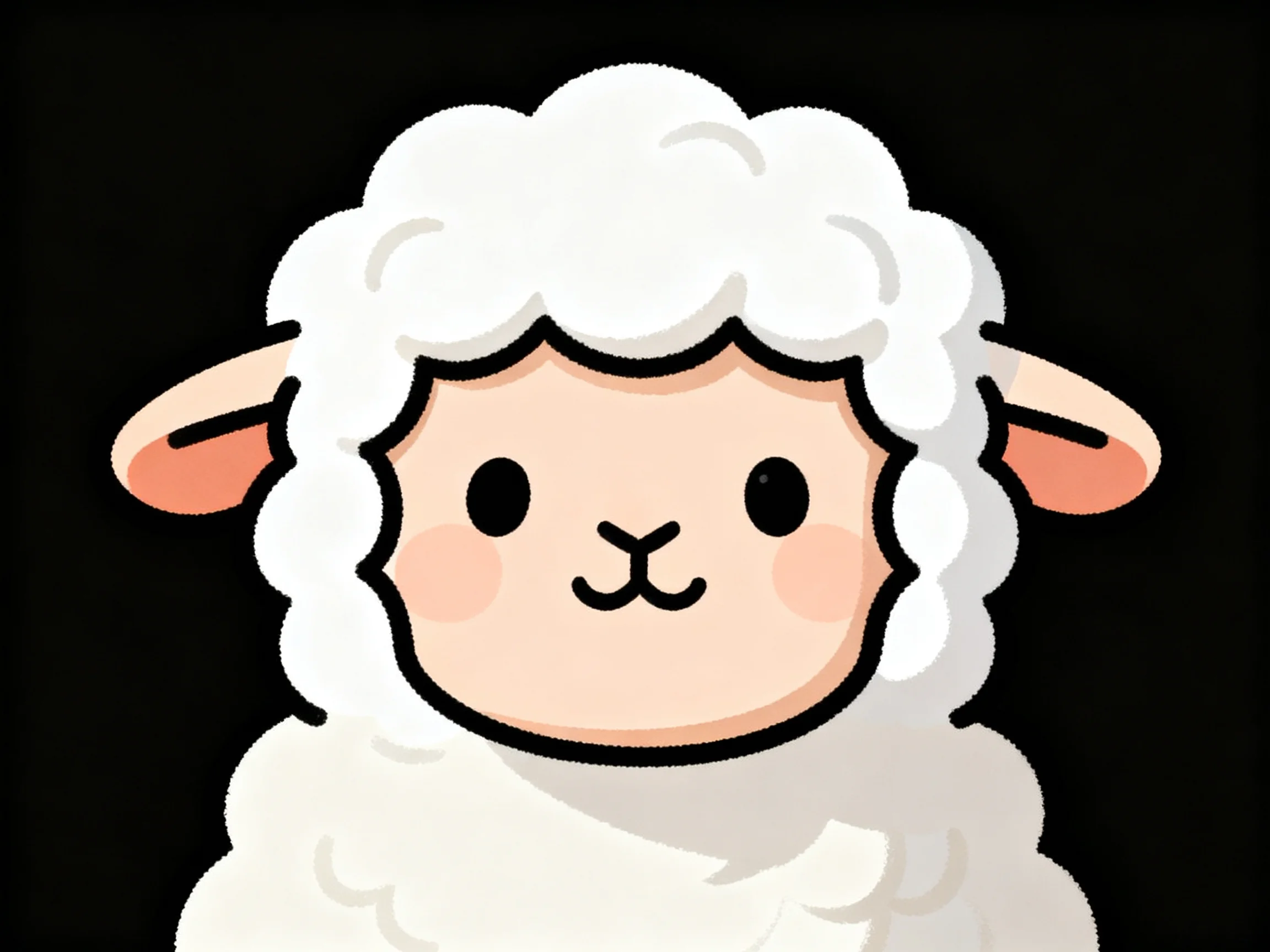A cartoon sheep with fluffy white wool and pink ears on a black background