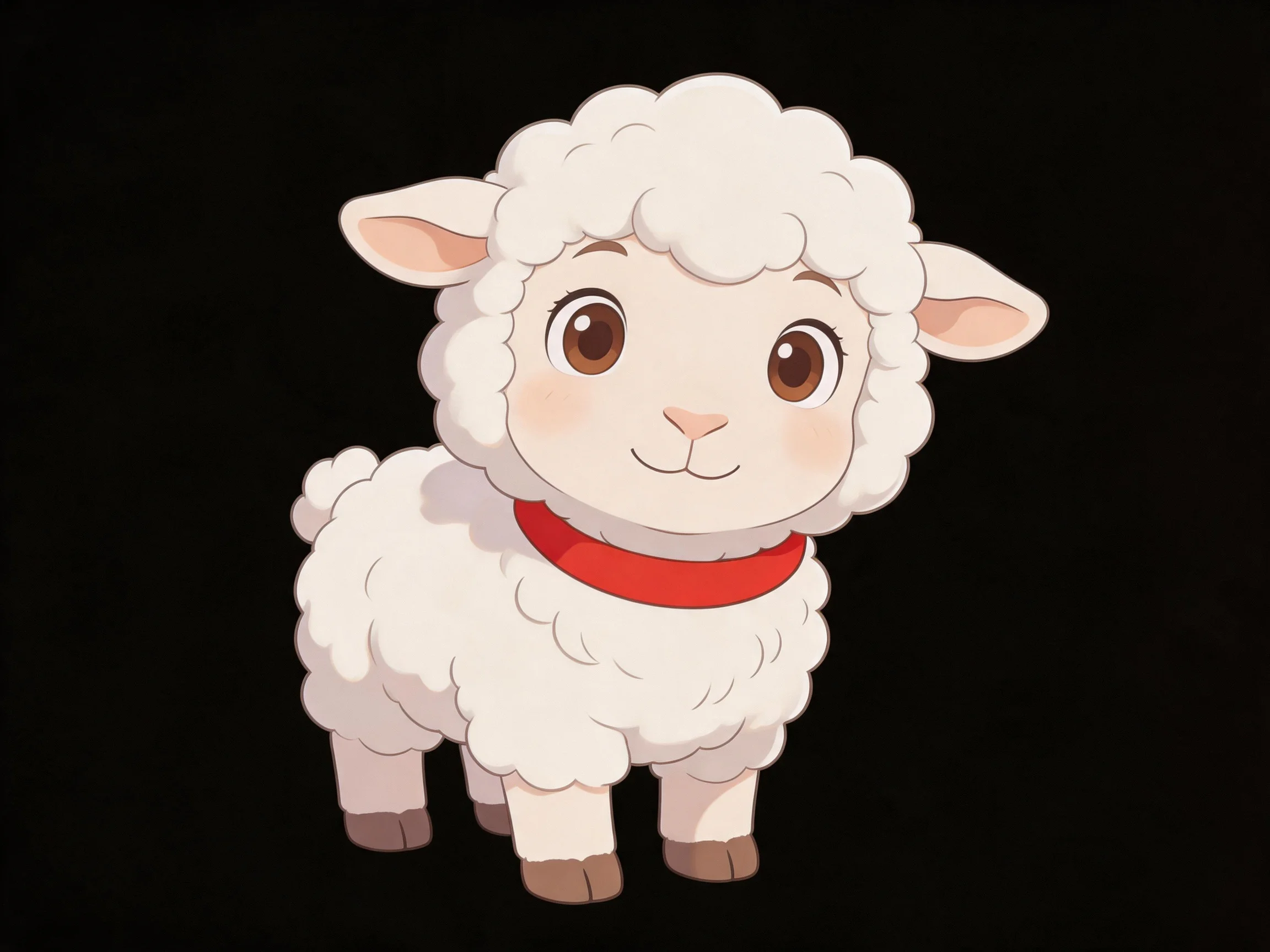 A cartoon sheep with fluffy white wool and red collar against a black background