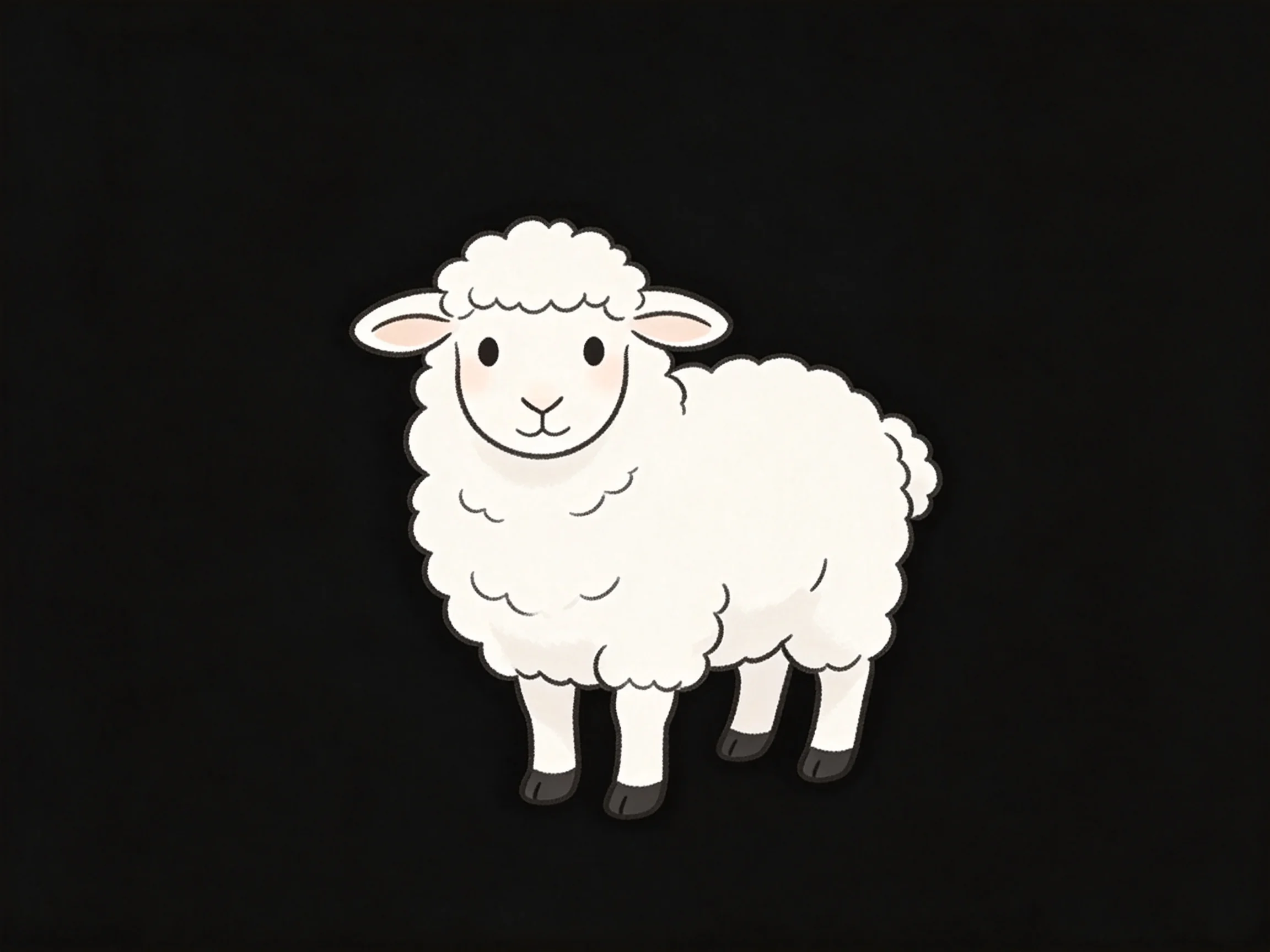 A cartoon sheep with fluffy white wool on a solid black background