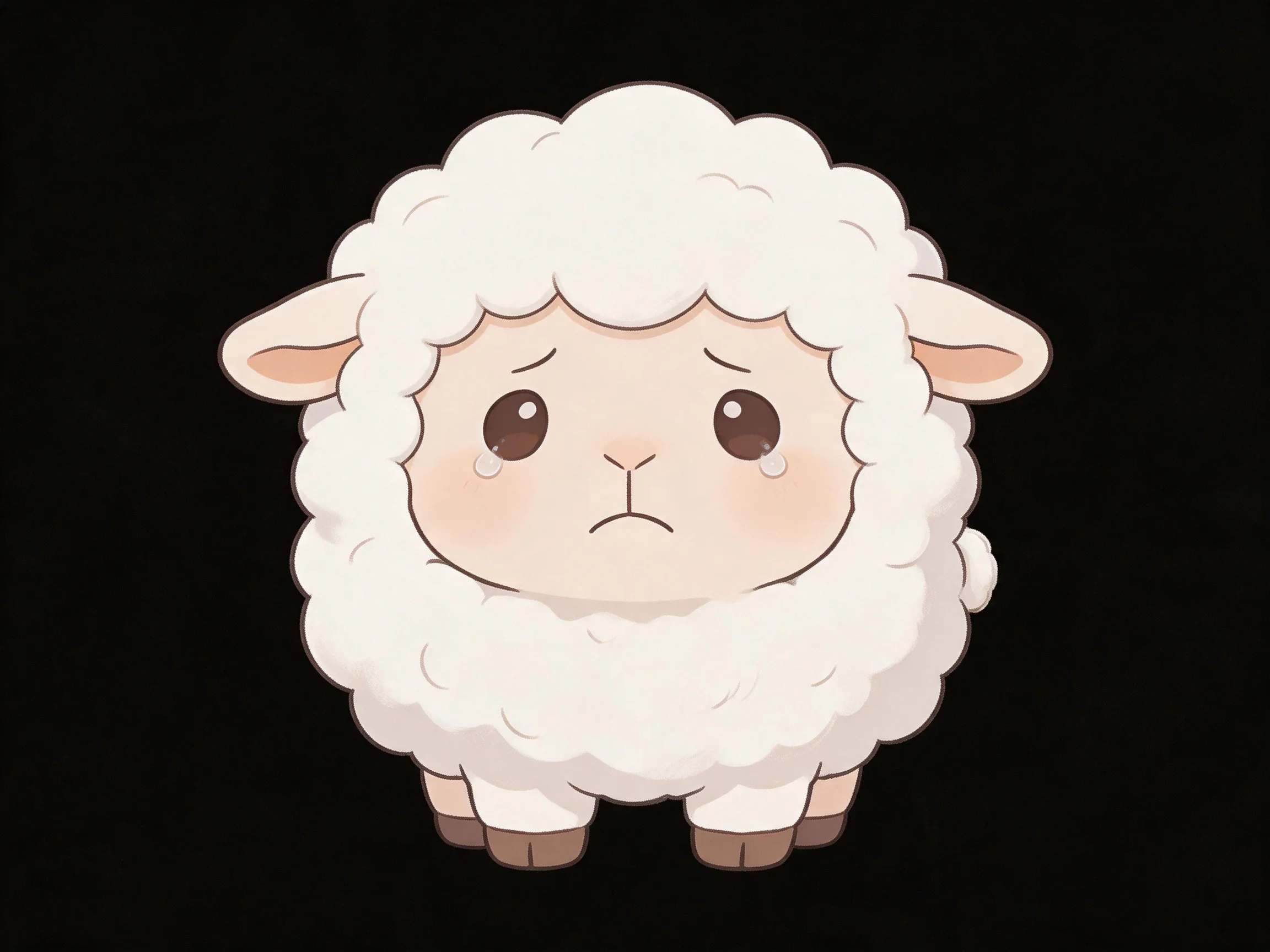 A cartoon sheep with fluffy white wool, sad expression, black background