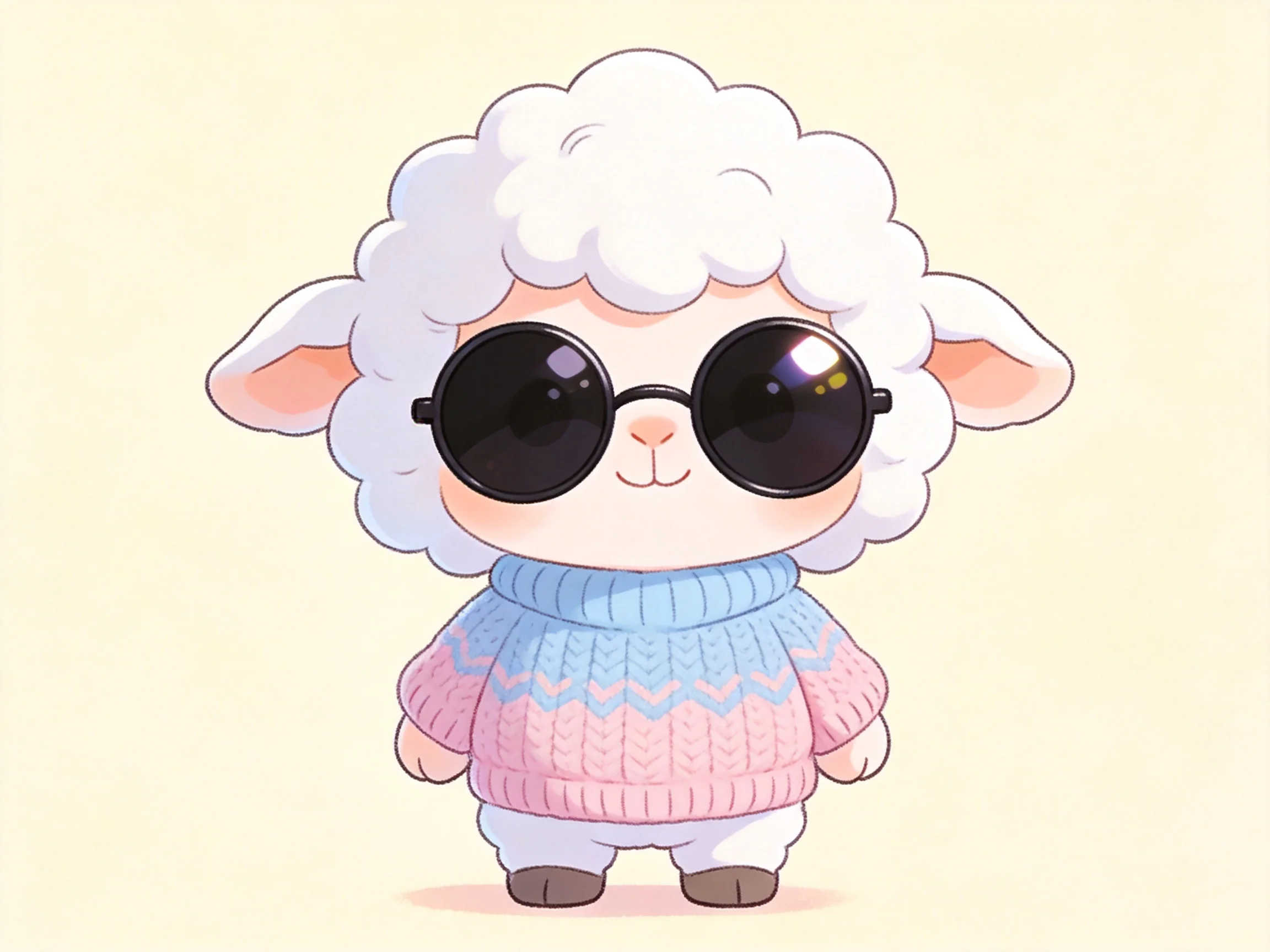 A cartoon sheep with large black sunglasses wearing a pastel sweater