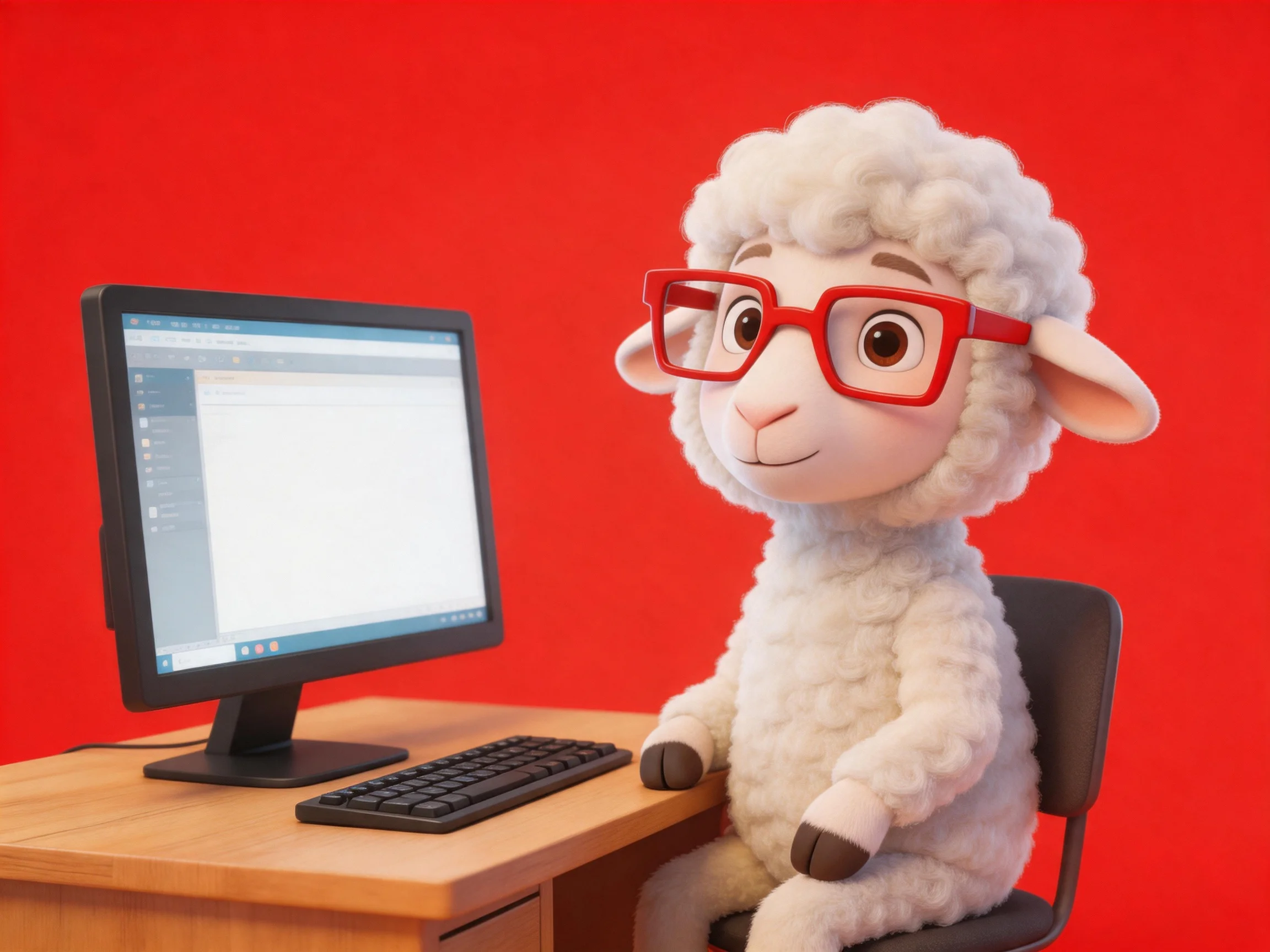 A cartoon sheep with red glasses uses a computer on a wooden desk