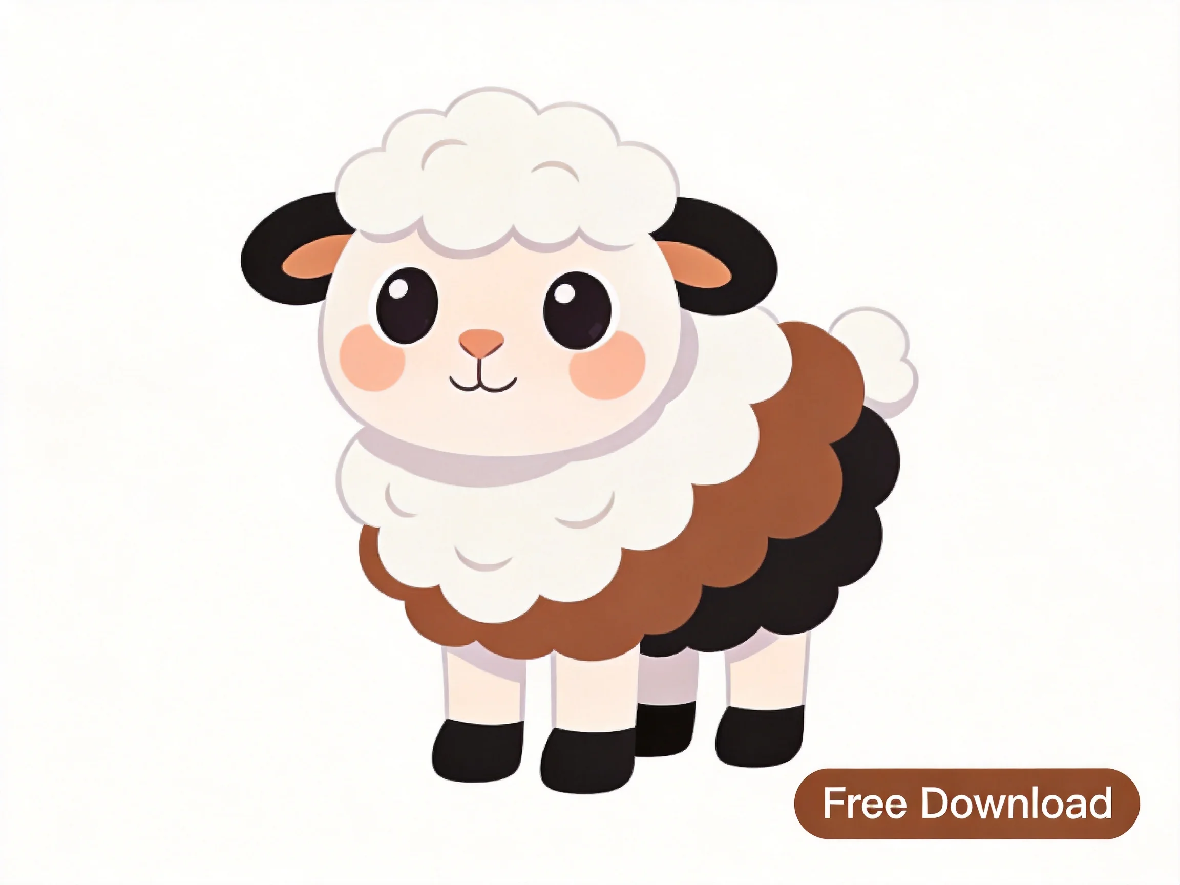 A cartoon sheep with white, brown, black wool and large eyes