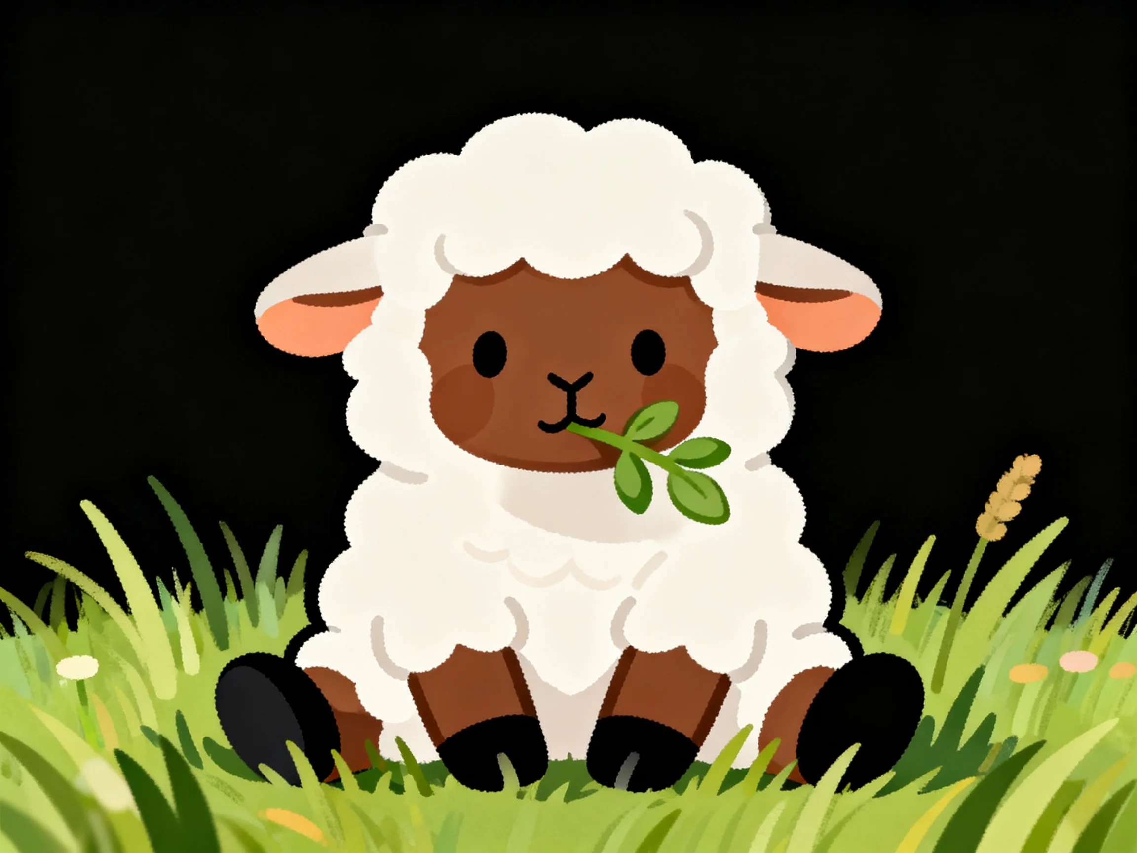 A cartoon sheep with white wool sits on green grass holding a leaf
