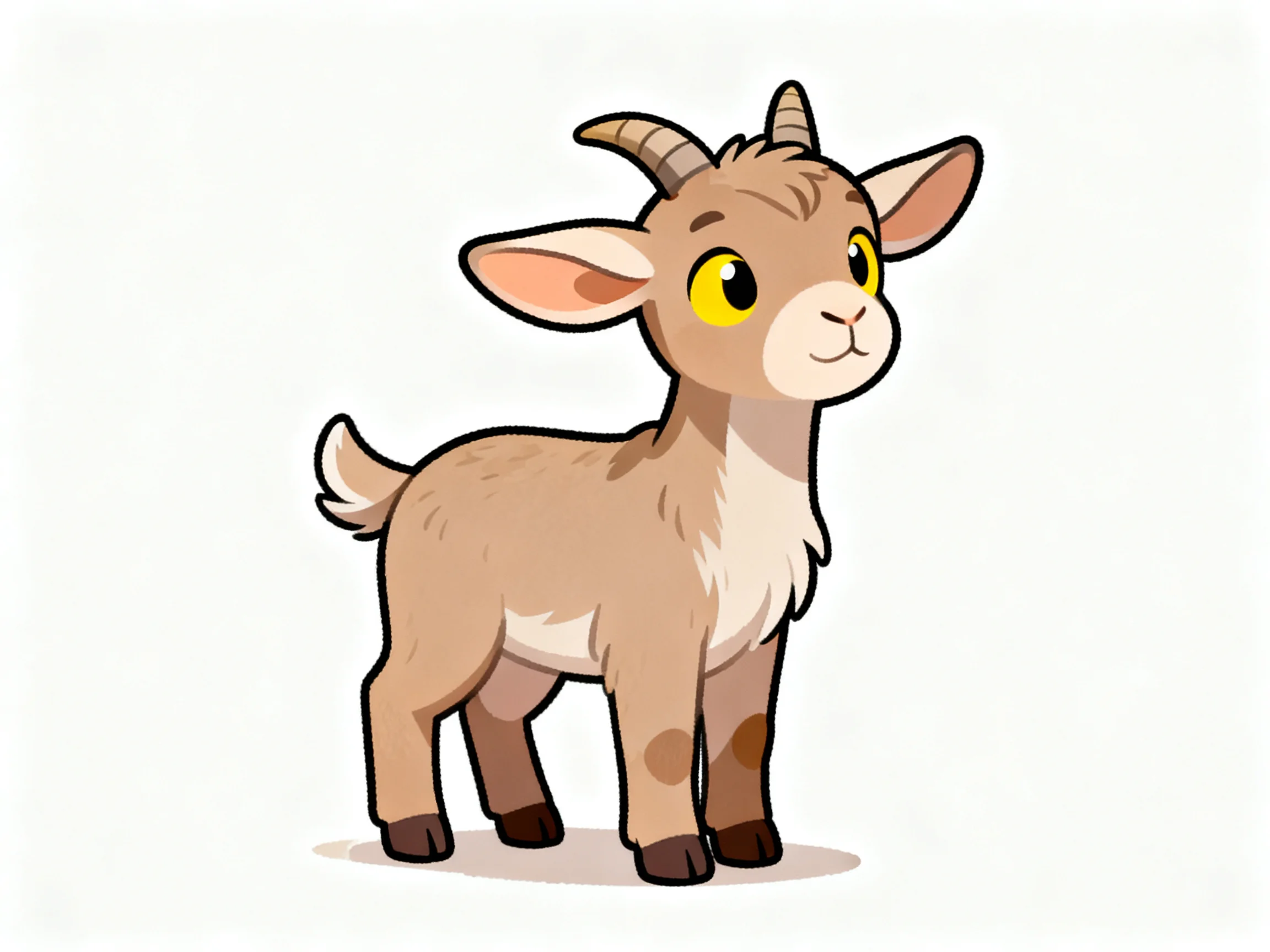 A cartoon goat with large yellow eyes stands against a plain white backdrop.