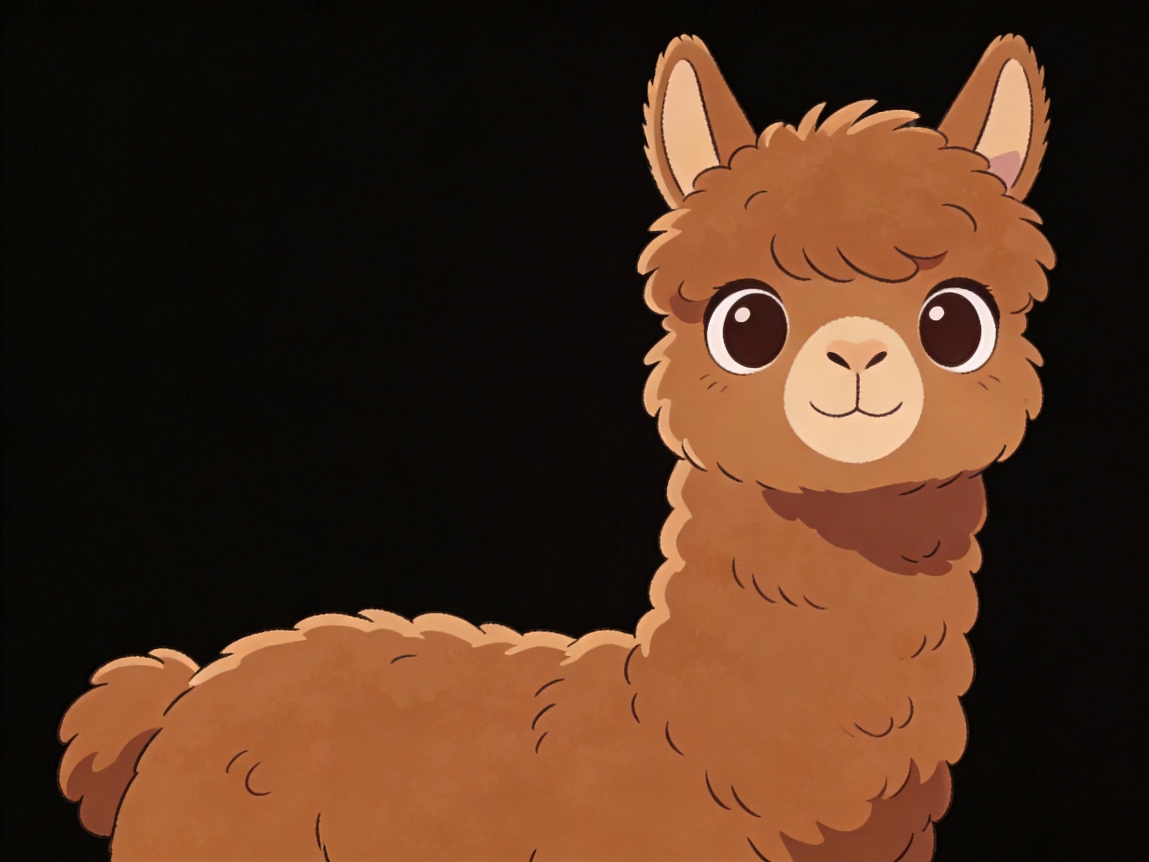 A cartoon-style brown llama with large eyes against a solid black background