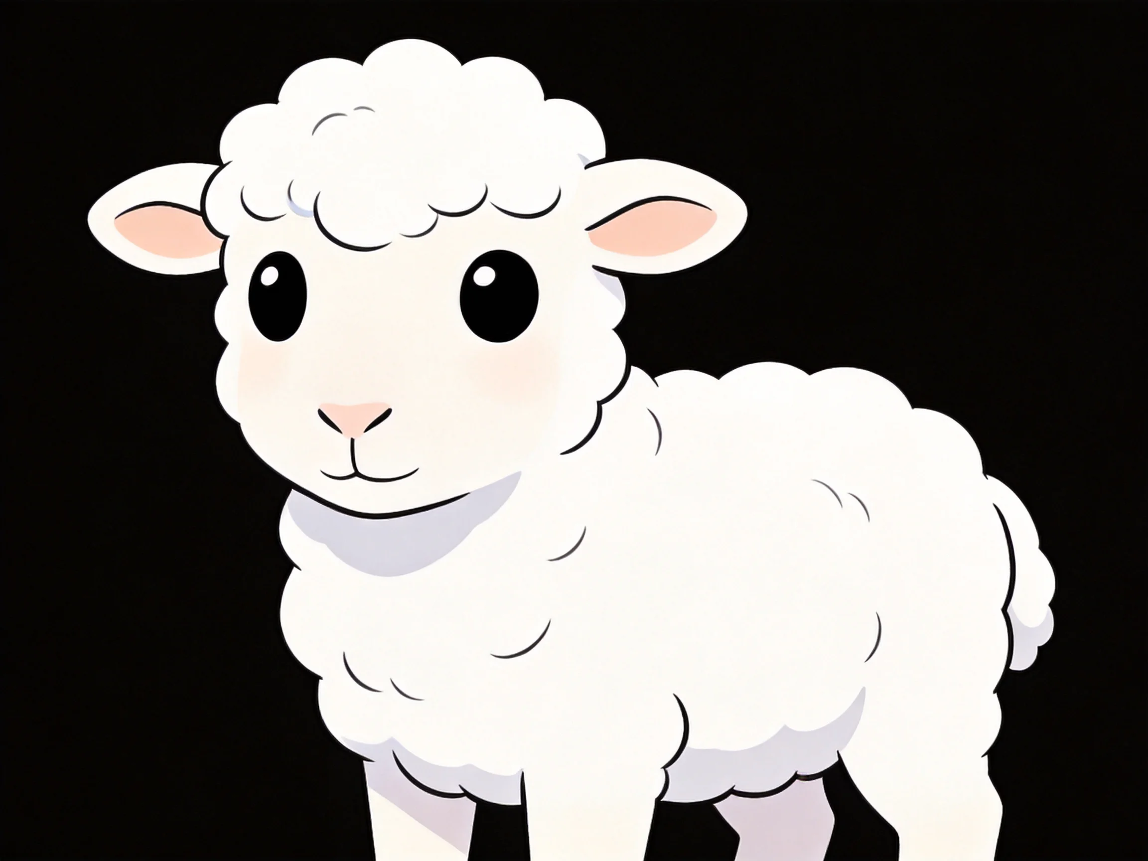 A cartoon-style white lamb with large black eyes is displayed against a solid black background.