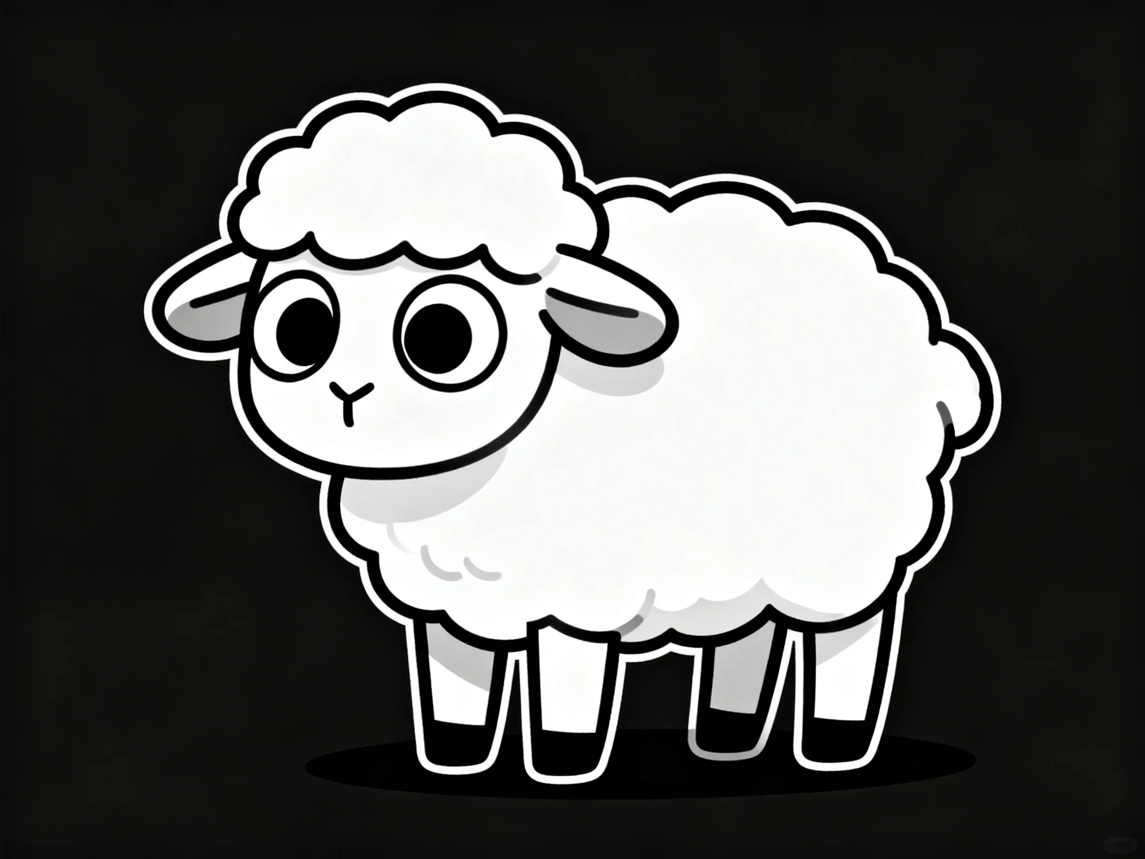 A cartoon-style white sheep with black outlines on dark background
