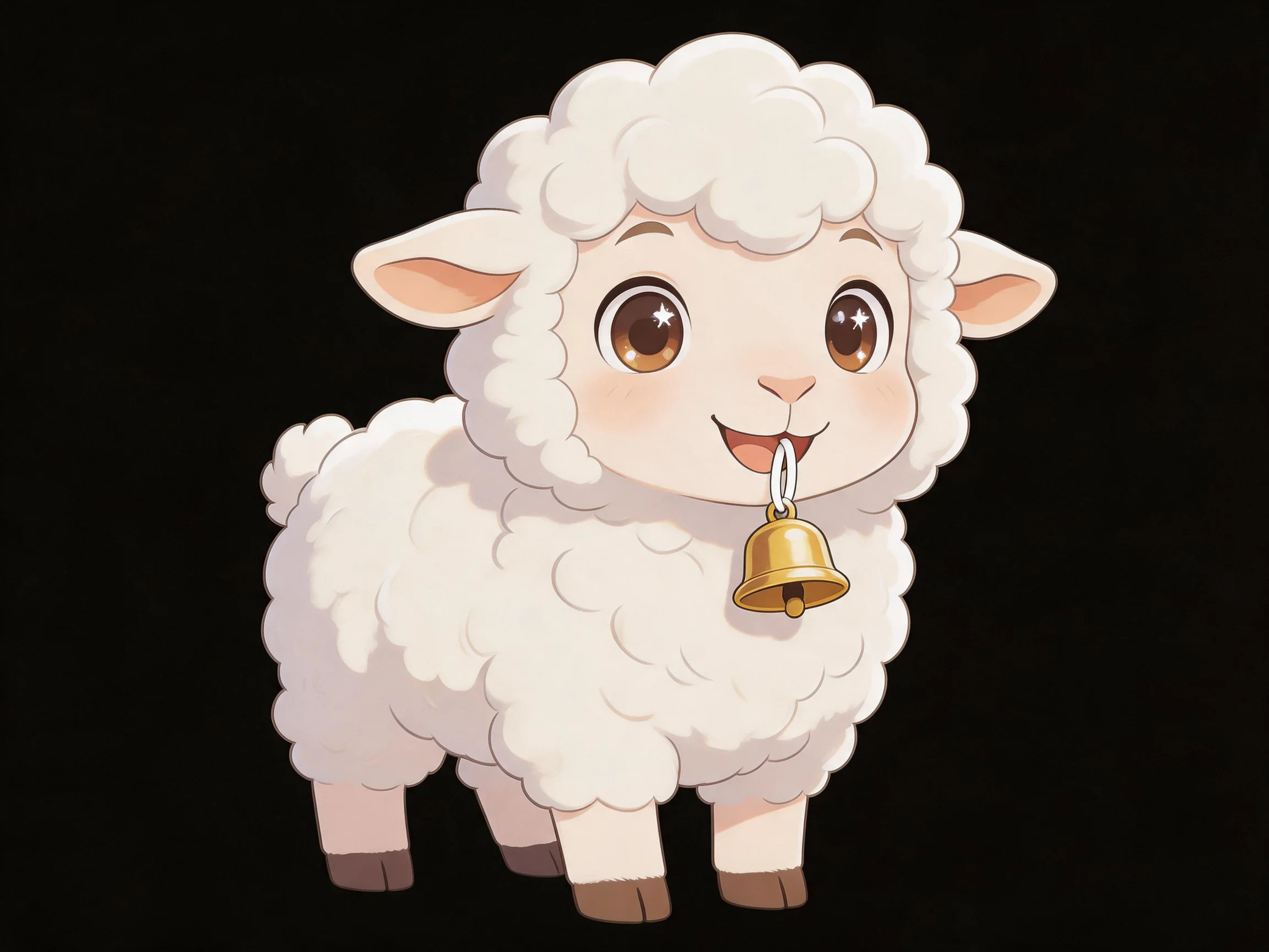 A cartoon-style white sheep with golden bell against solid black background