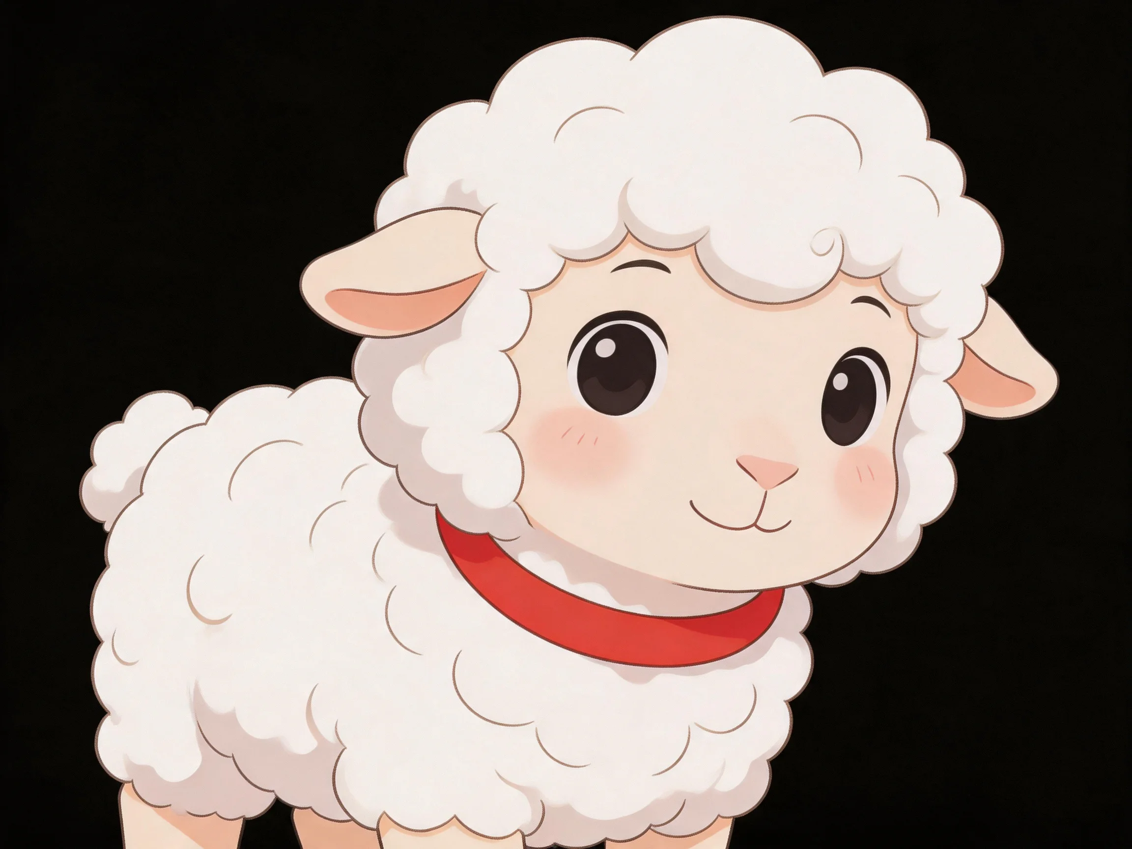 A cartoon sheep with fluffy white wool and red collar stands against a solid black background.