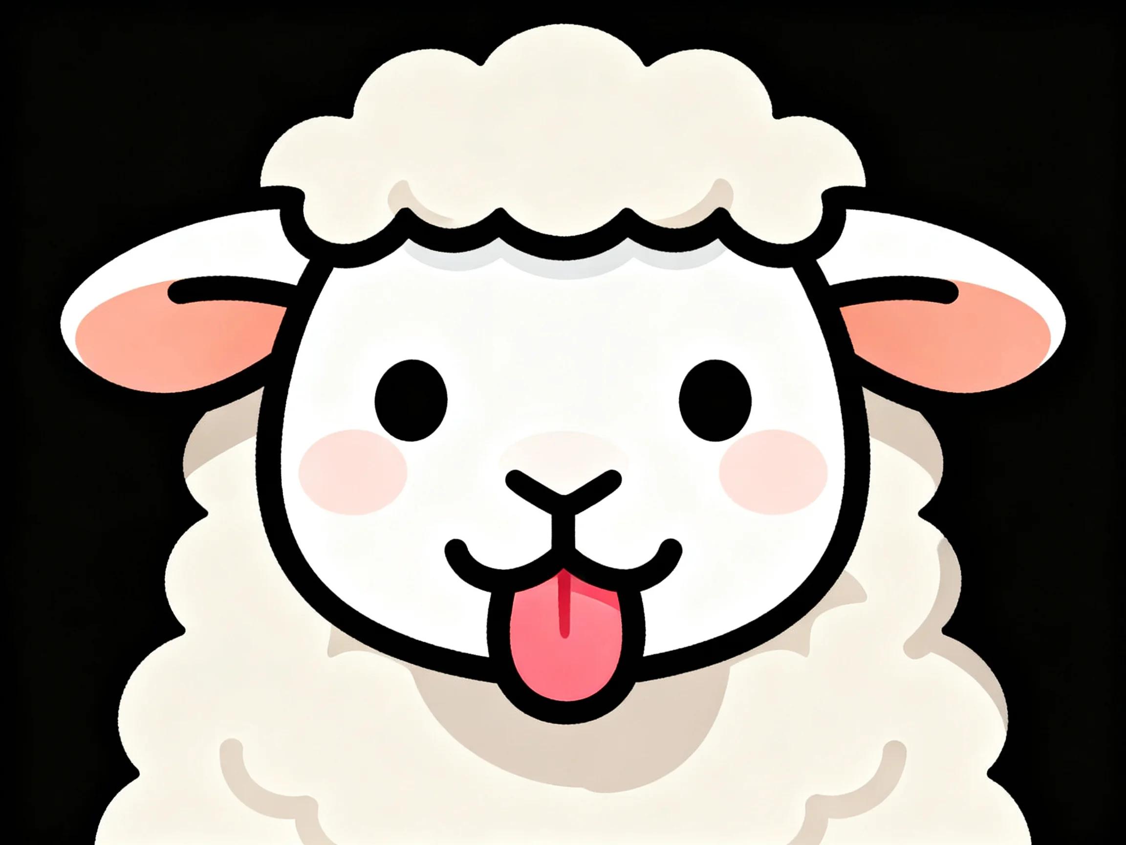 A cartoon white sheep with pink ears and tongue sticking out