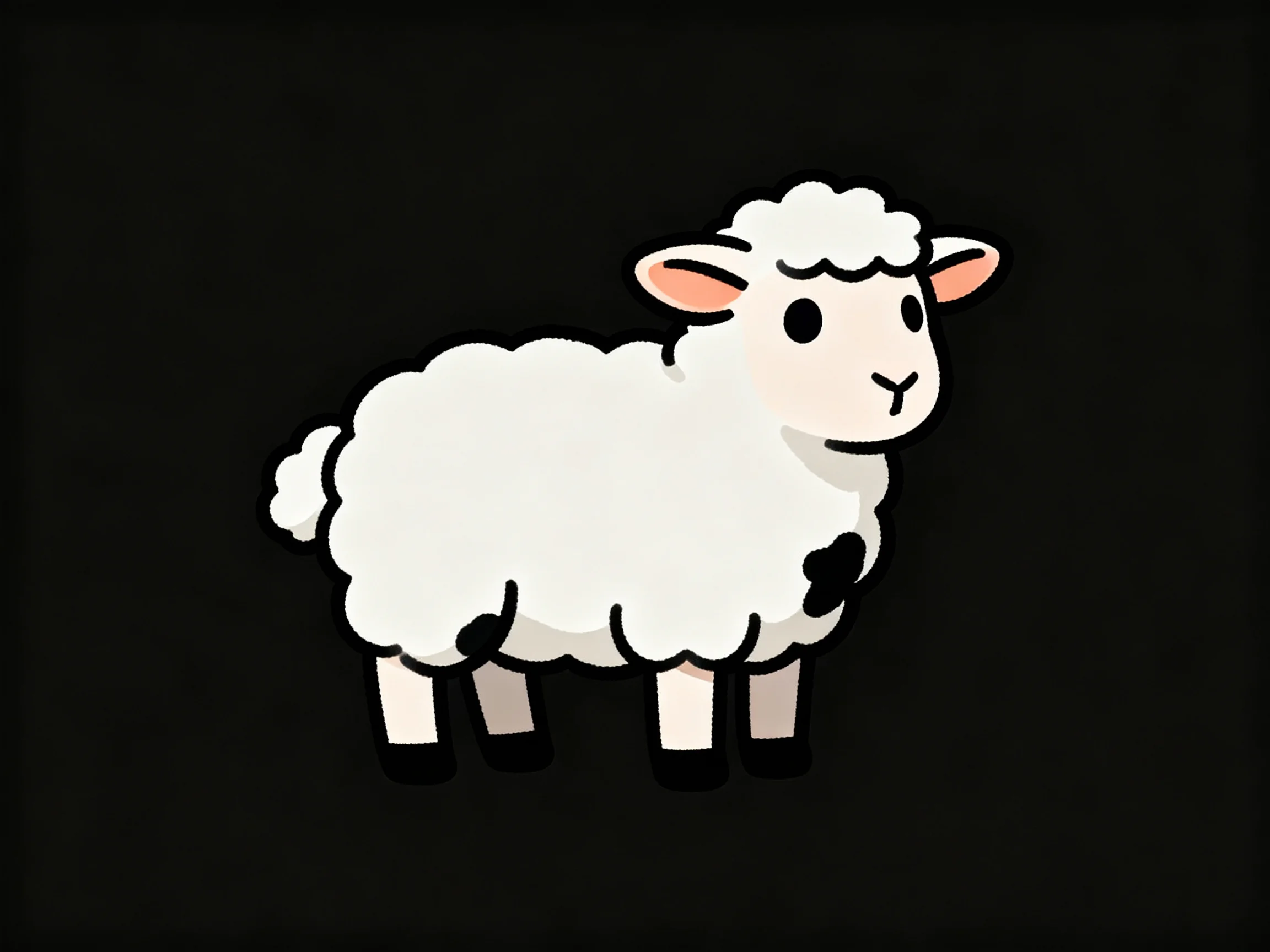 A cartoon white sheep with pink ears on a black background