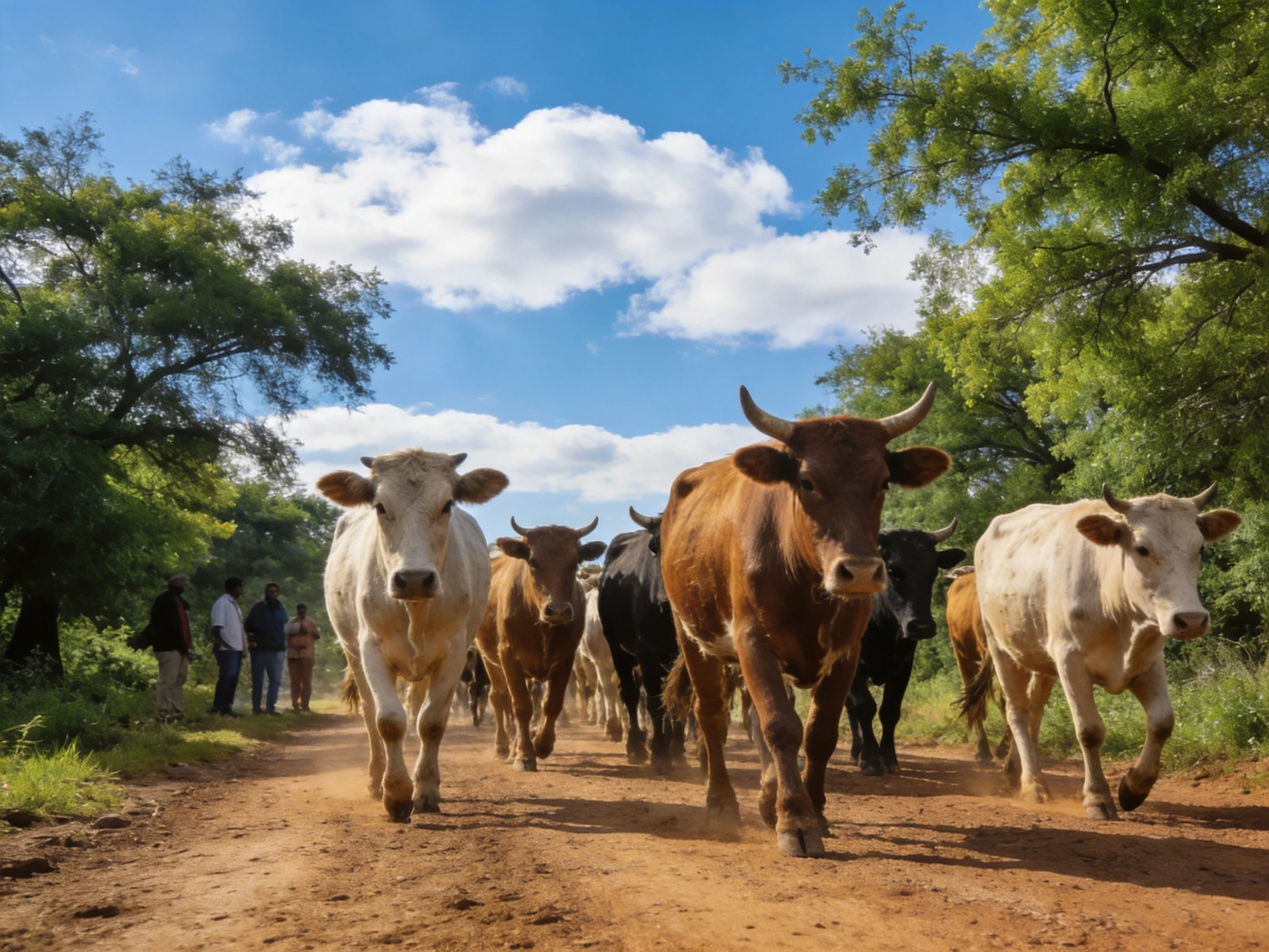 A cattle herd walks along a dusty rural dirt road