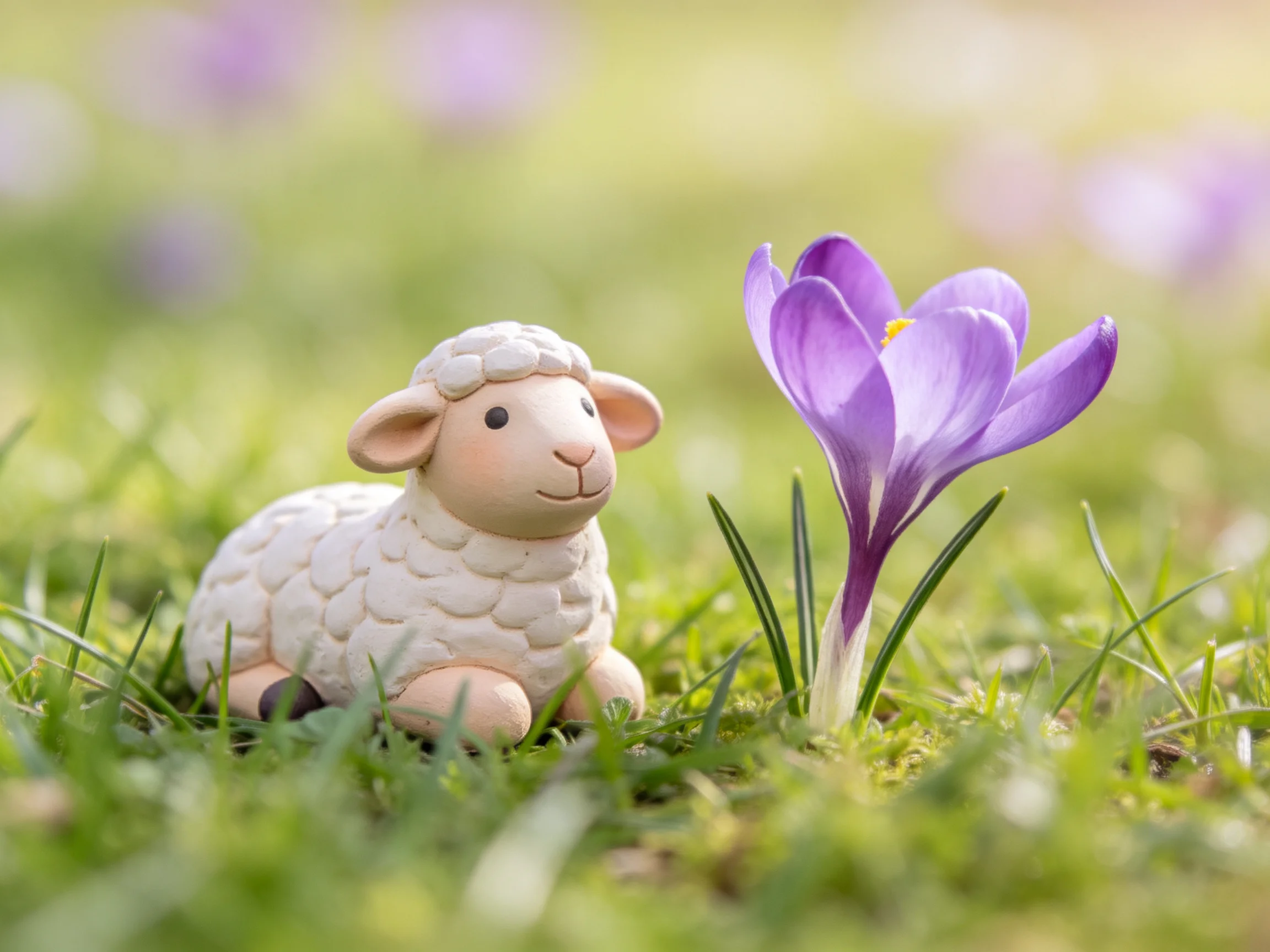A ceramic sheep figurine beside a vibrant purple crocus on green grass