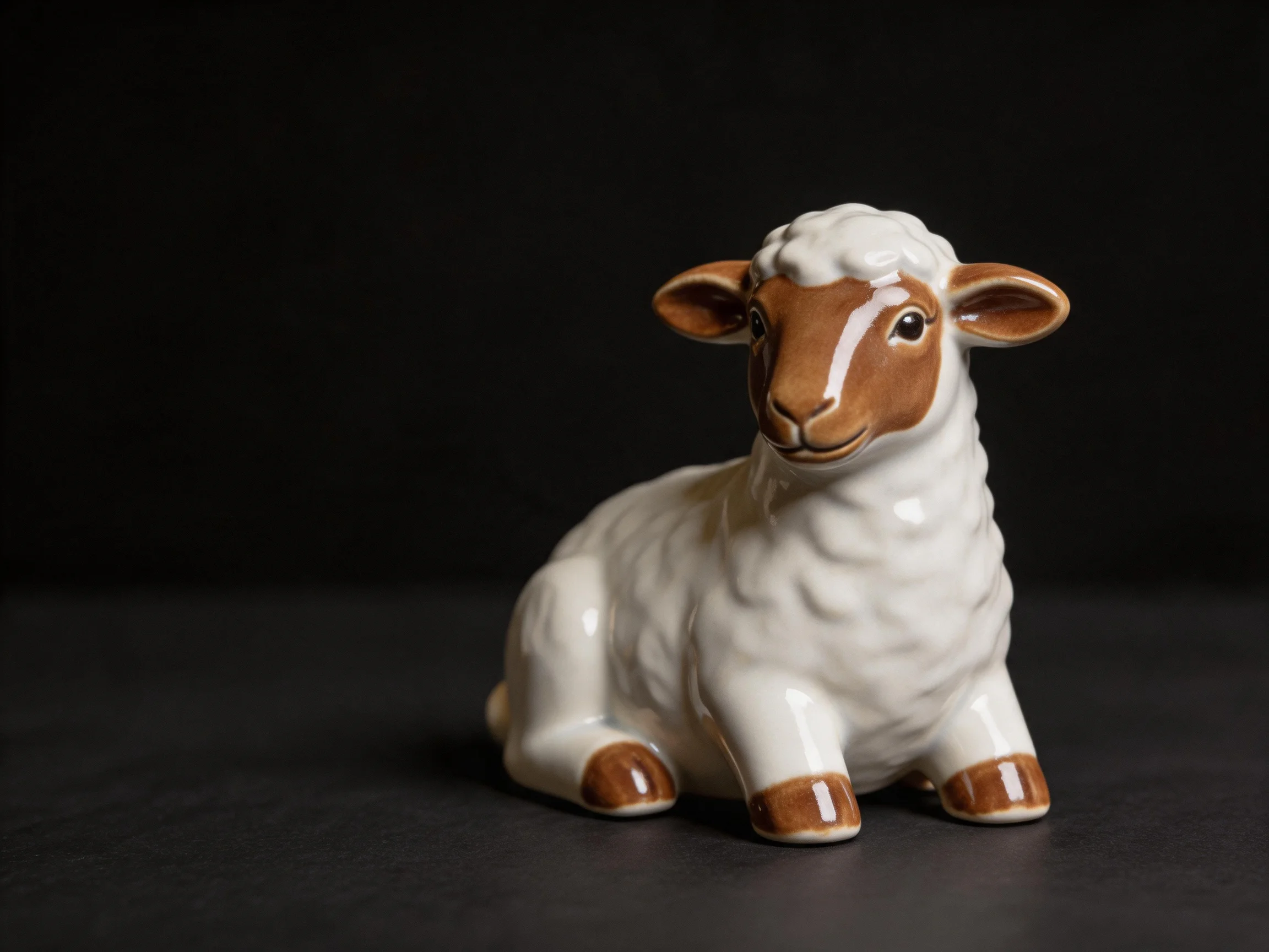 A ceramic sheep figurine with white and brown hues, seated.