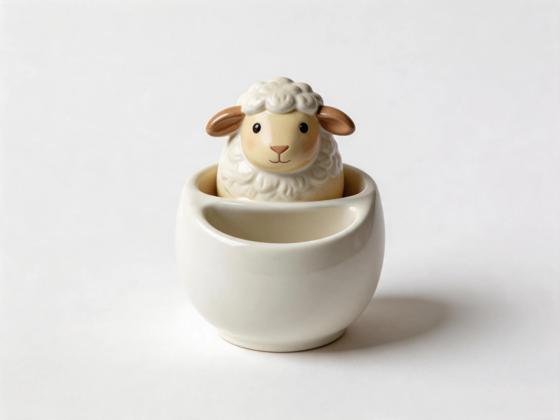 A ceramic sheep figurine with woolly texture in a white cup