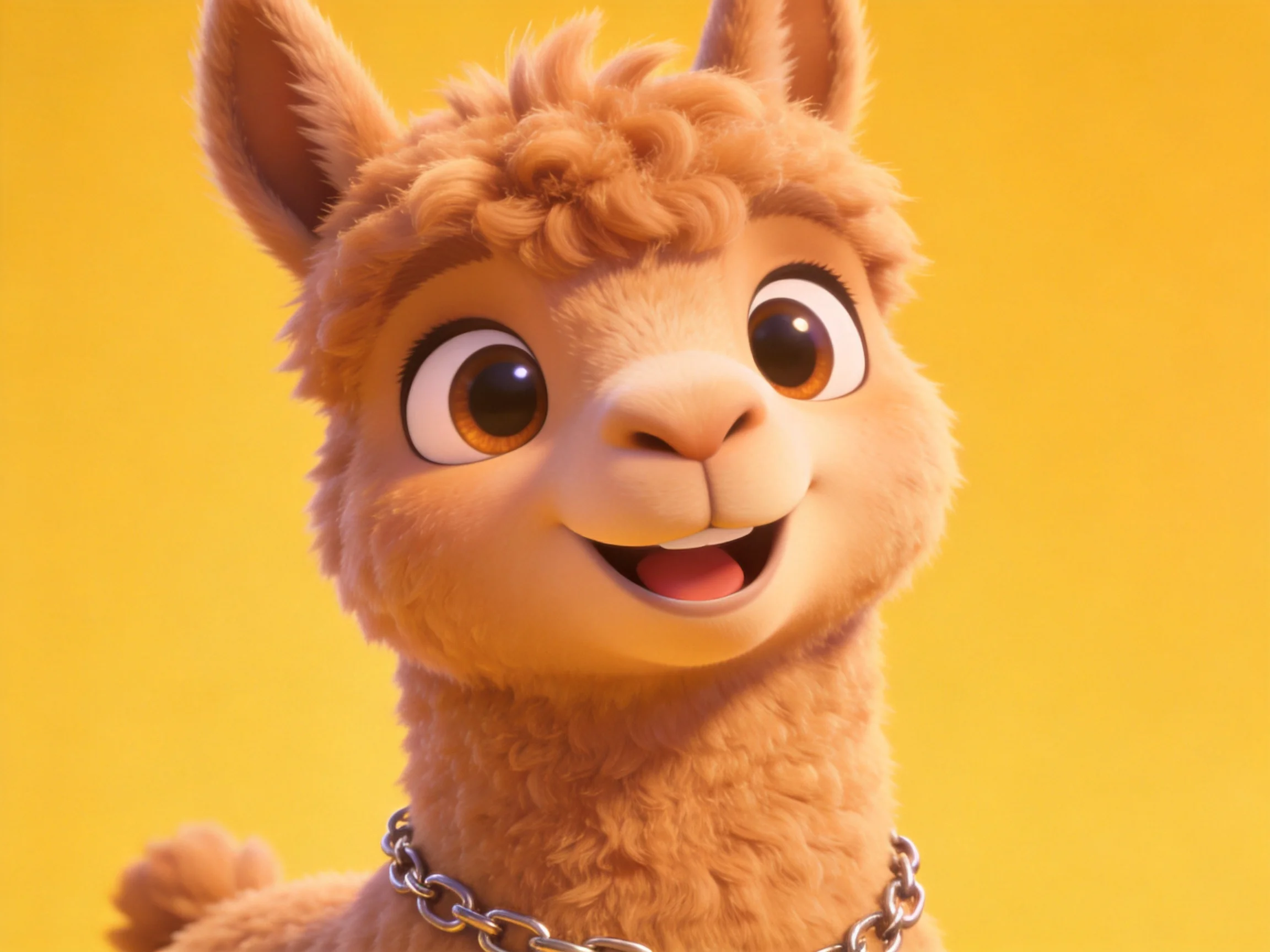 A cheerful animated llama with curly brown fur and silver chain