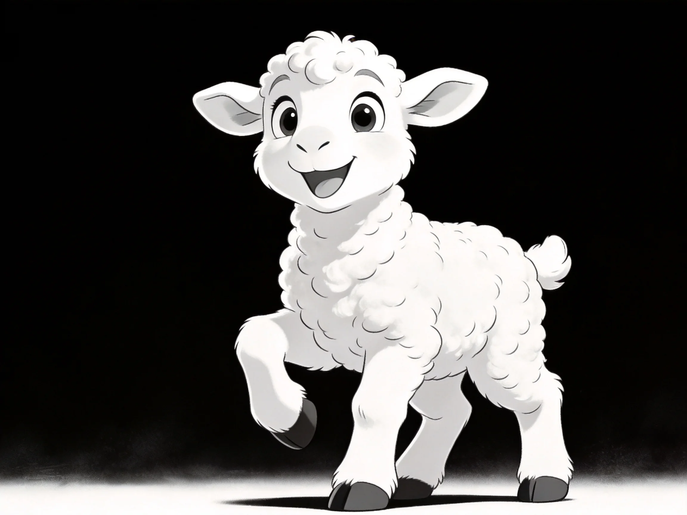 A cheerful cartoon lamb with fluffy white curls on dark backdrop