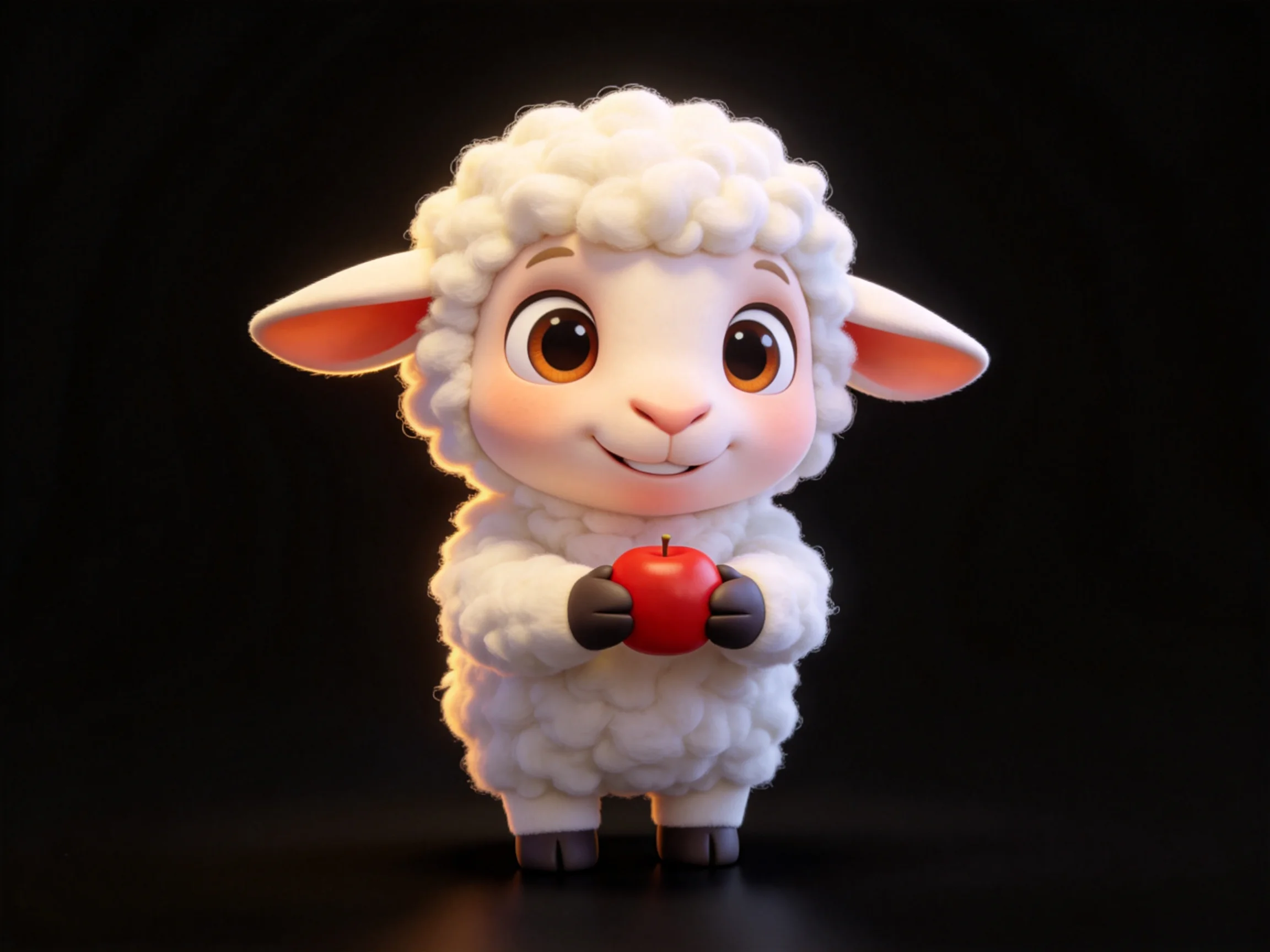 A cheerful cartoon sheep holding a bright red apple