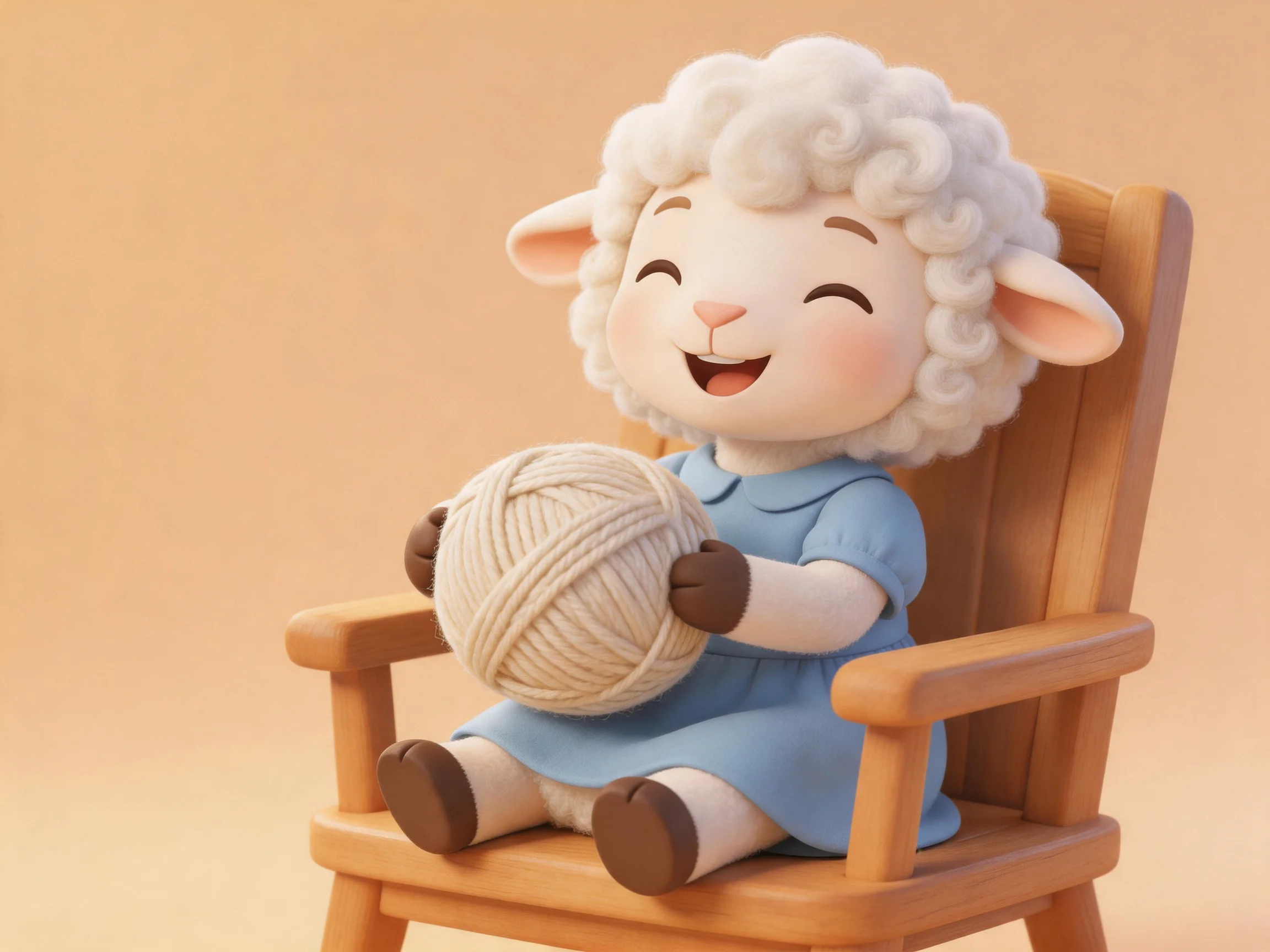 A cheerful cartoon sheep in a blue dress sits on a wooden chair with a yarn ball