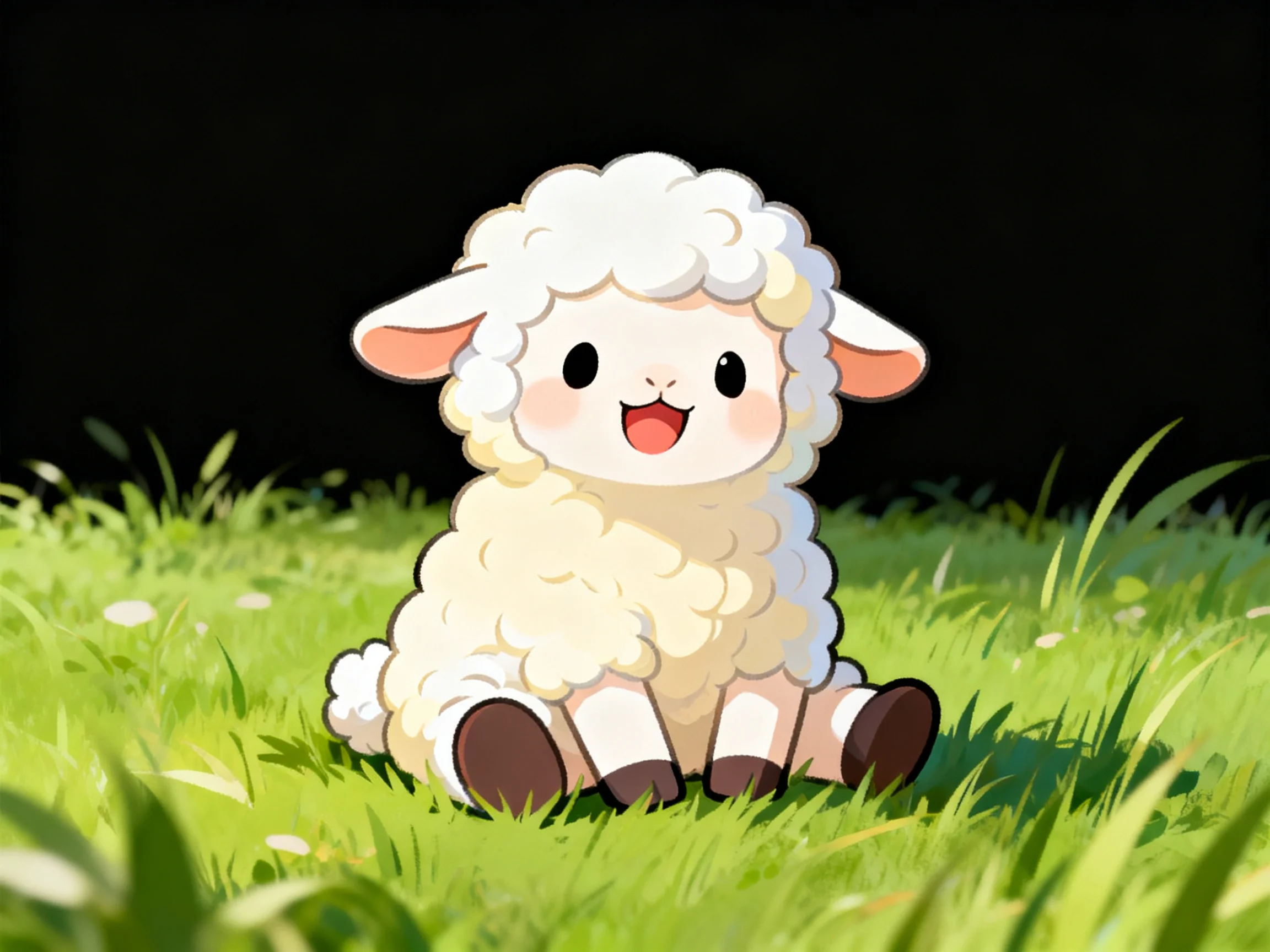 A cheerful cartoon sheep sitting on vibrant green grass