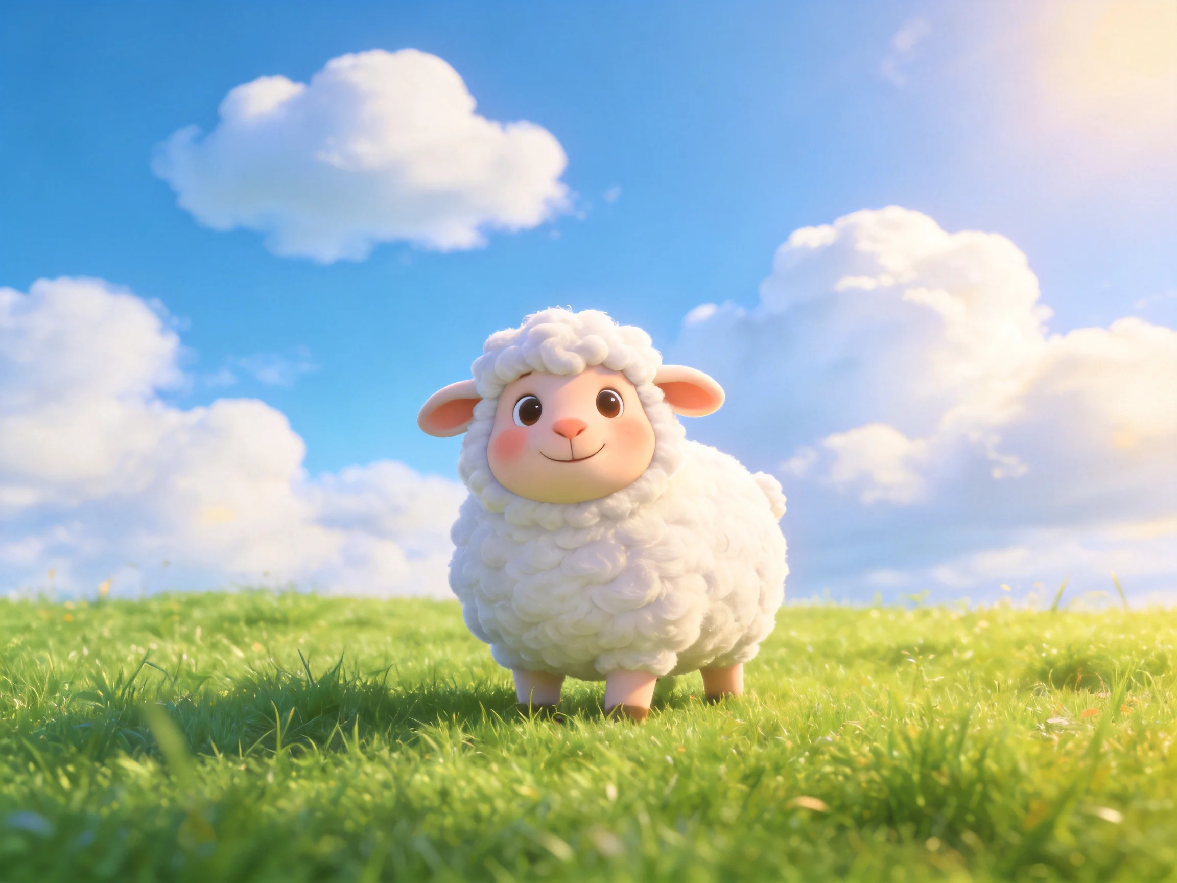 A cheerful cartoon sheep stands on lush green grass under bright blue sky