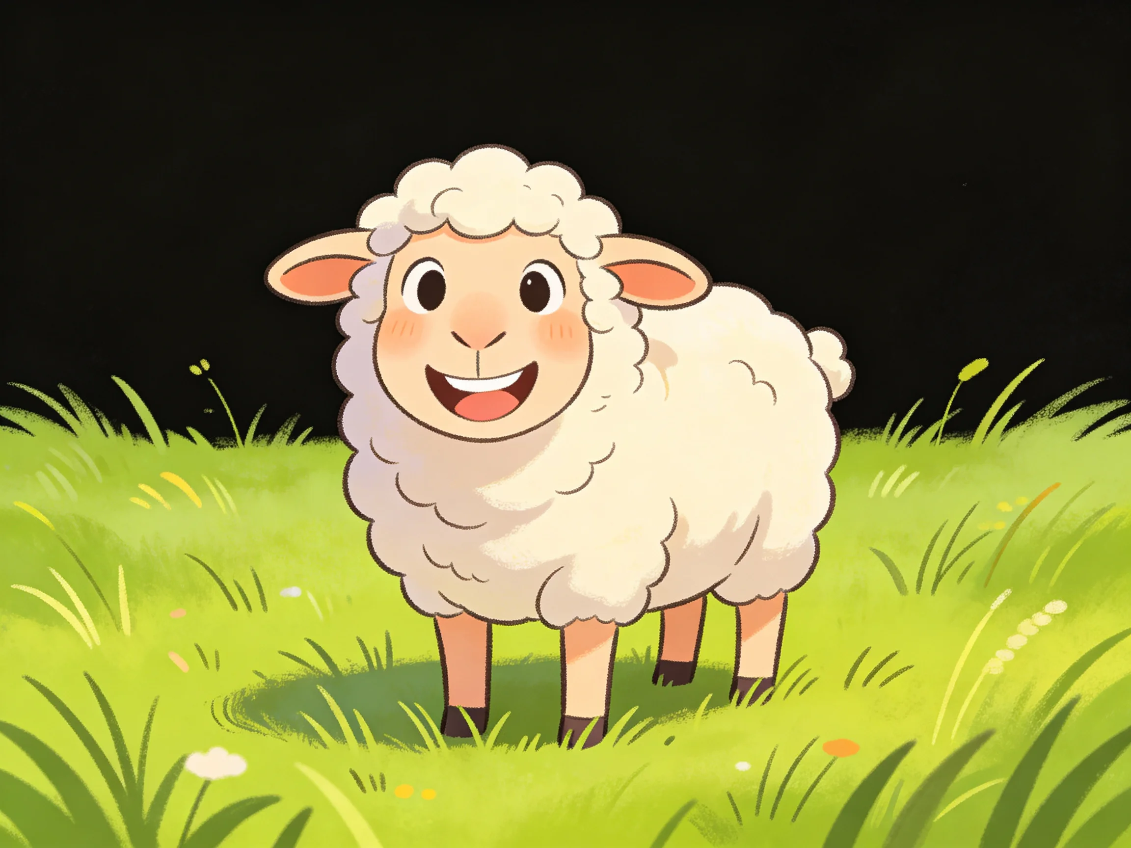 A cheerful cartoon sheep stands on vibrant green grass against a dark backdrop