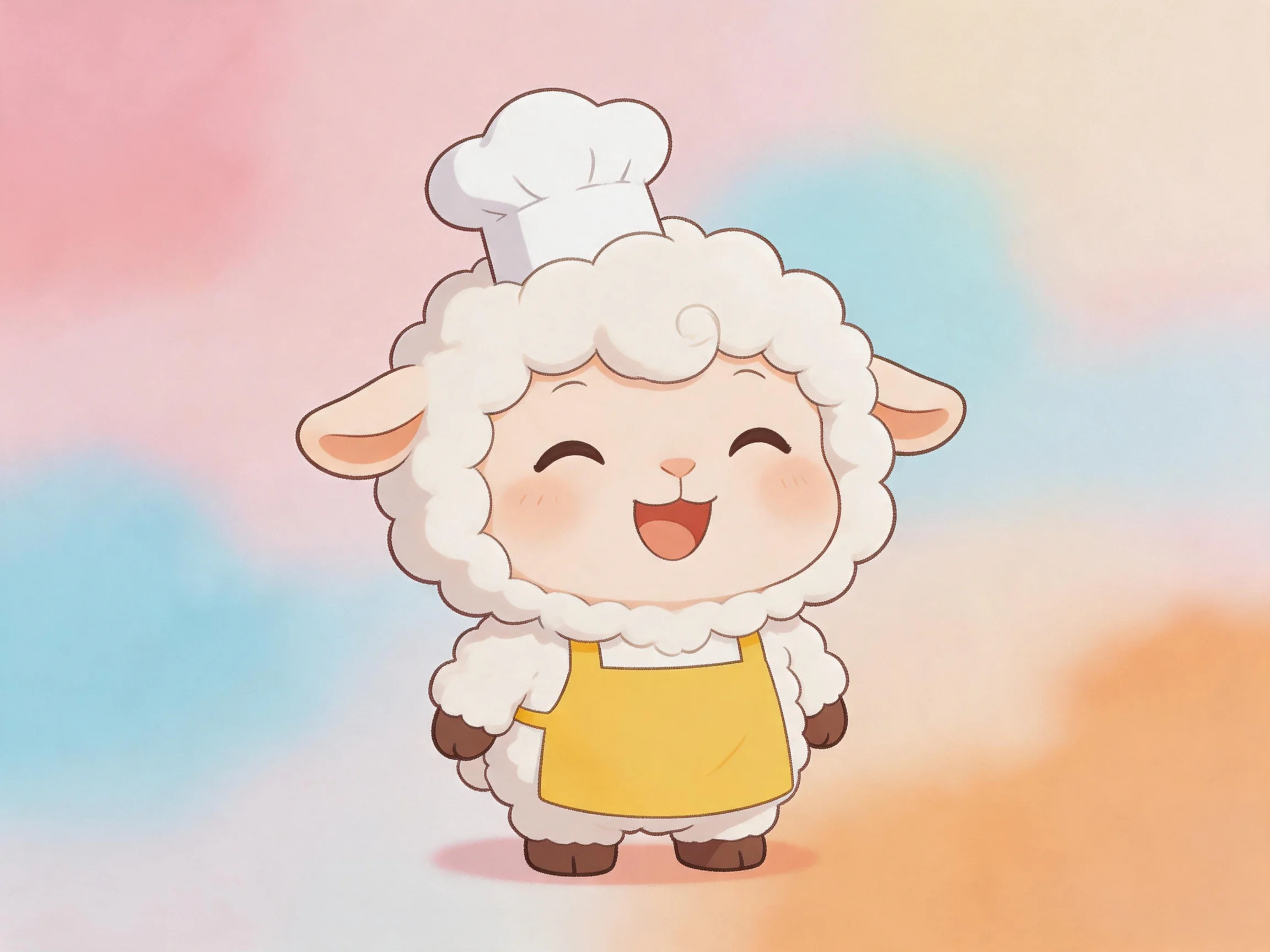 A cheerful cartoon sheep wearing a chef hat and yellow apron