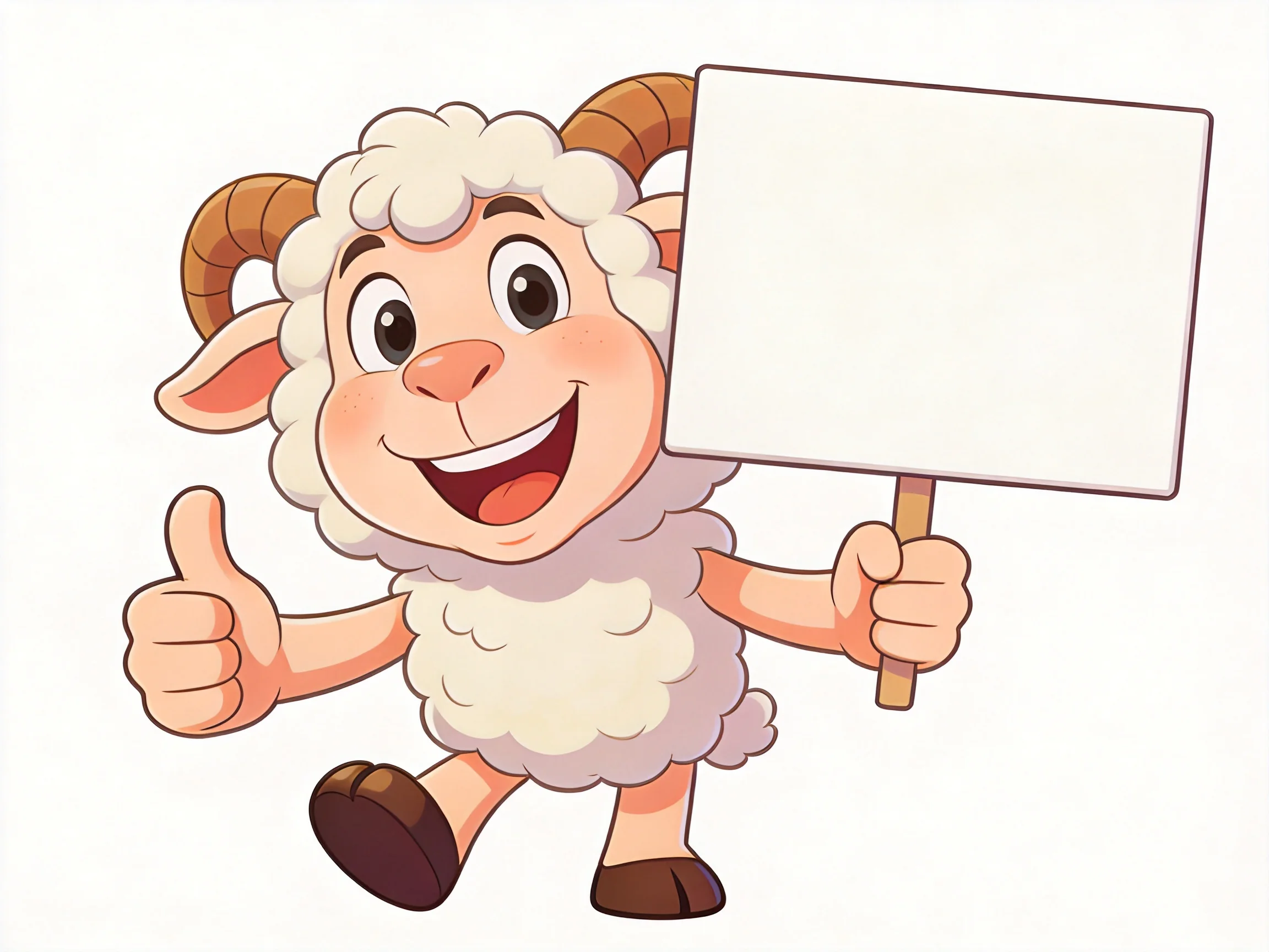 A cheerful cartoon sheep with brown horns holding a white sign
