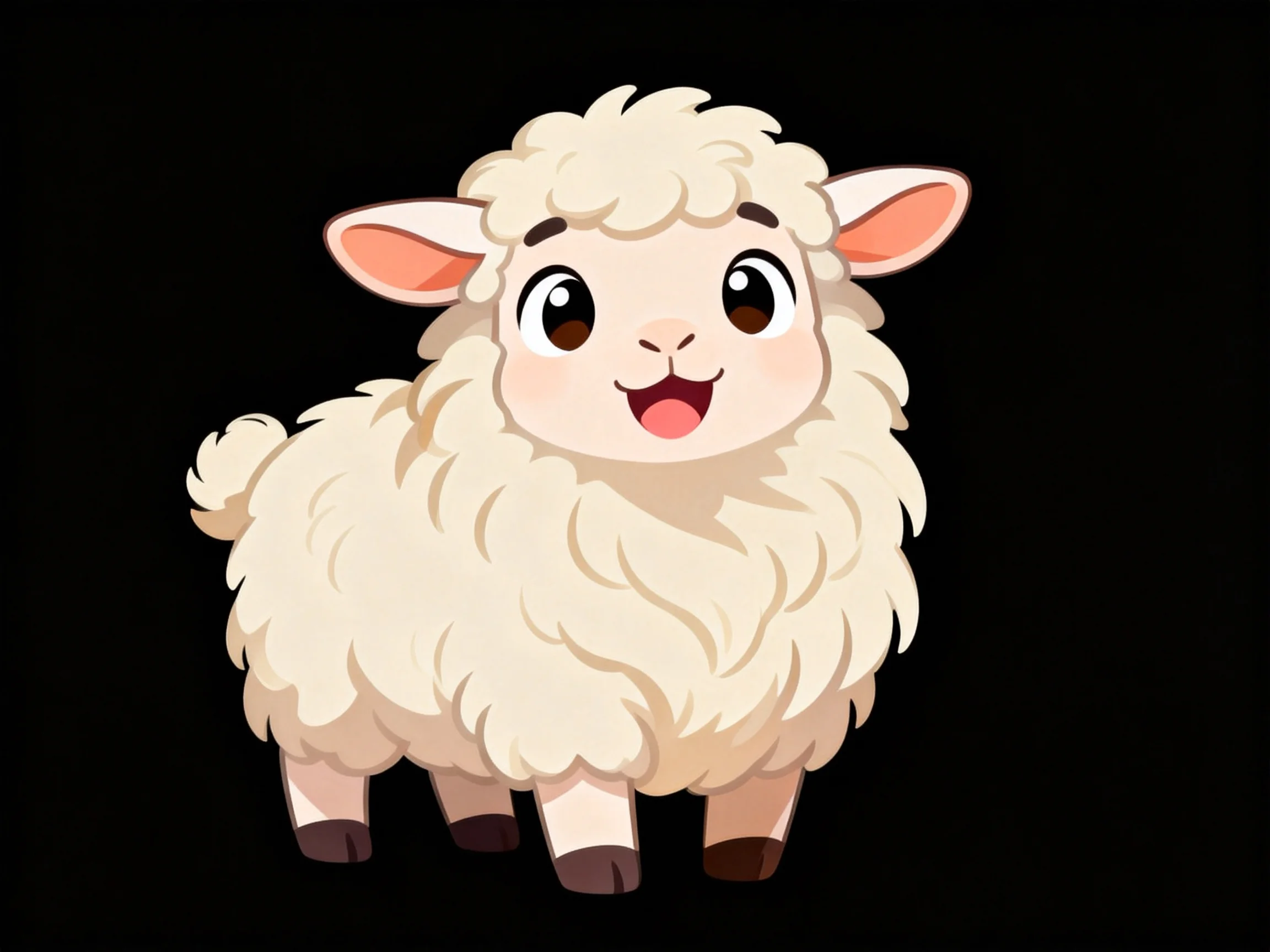 A cheerful cartoon sheep with fluffy cream - colored wool on a solid black background