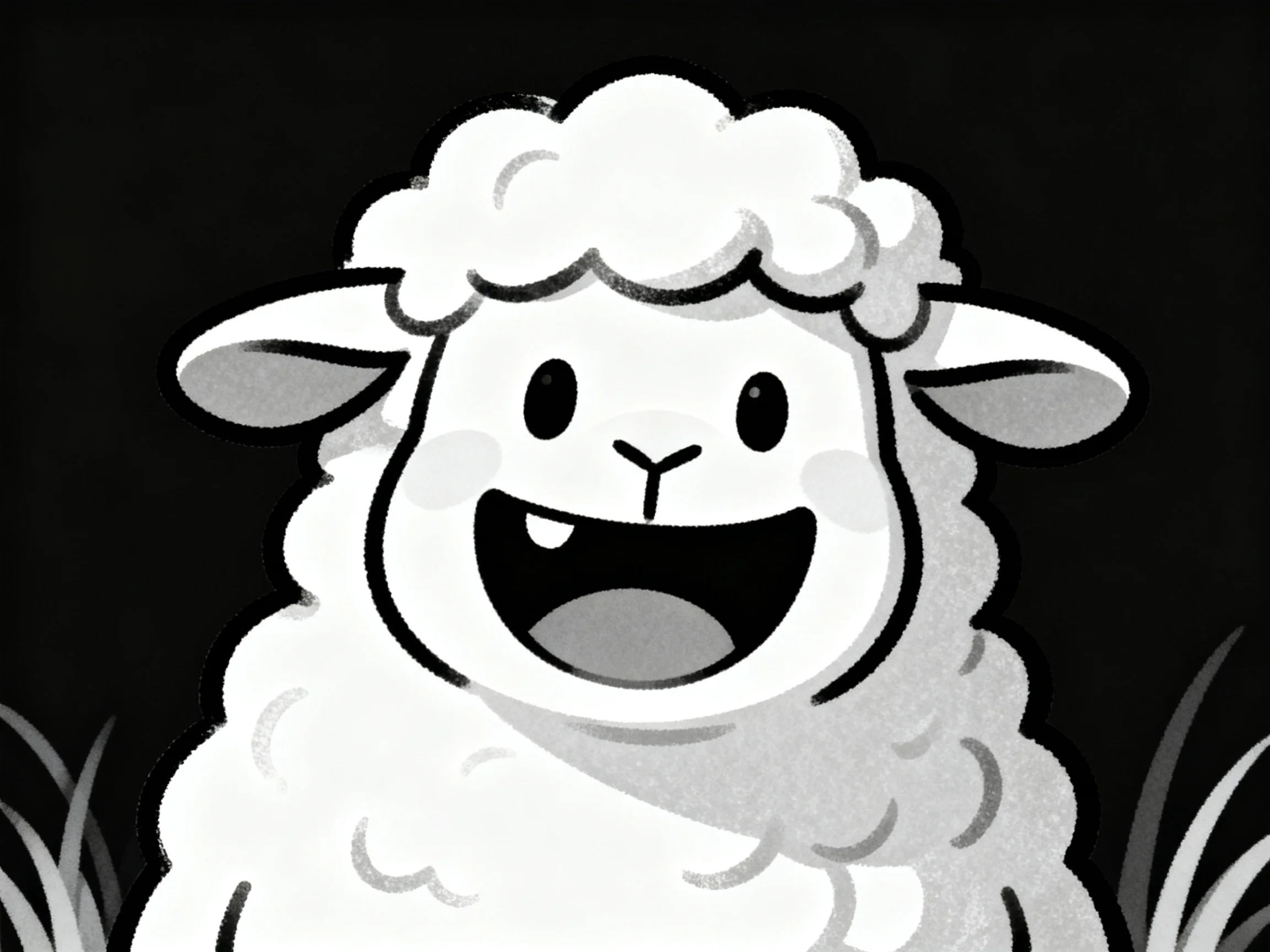 A cheerful cartoon sheep with fluffy white wool against a dark background