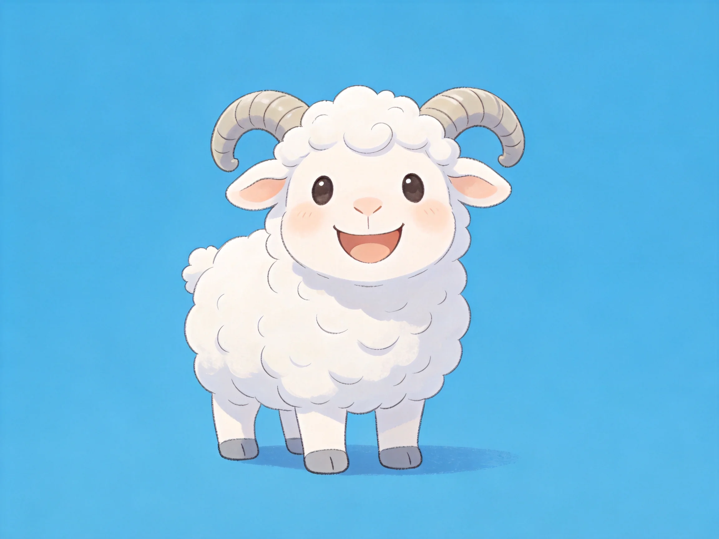 A cheerful cartoon sheep with fluffy white wool and gray horns