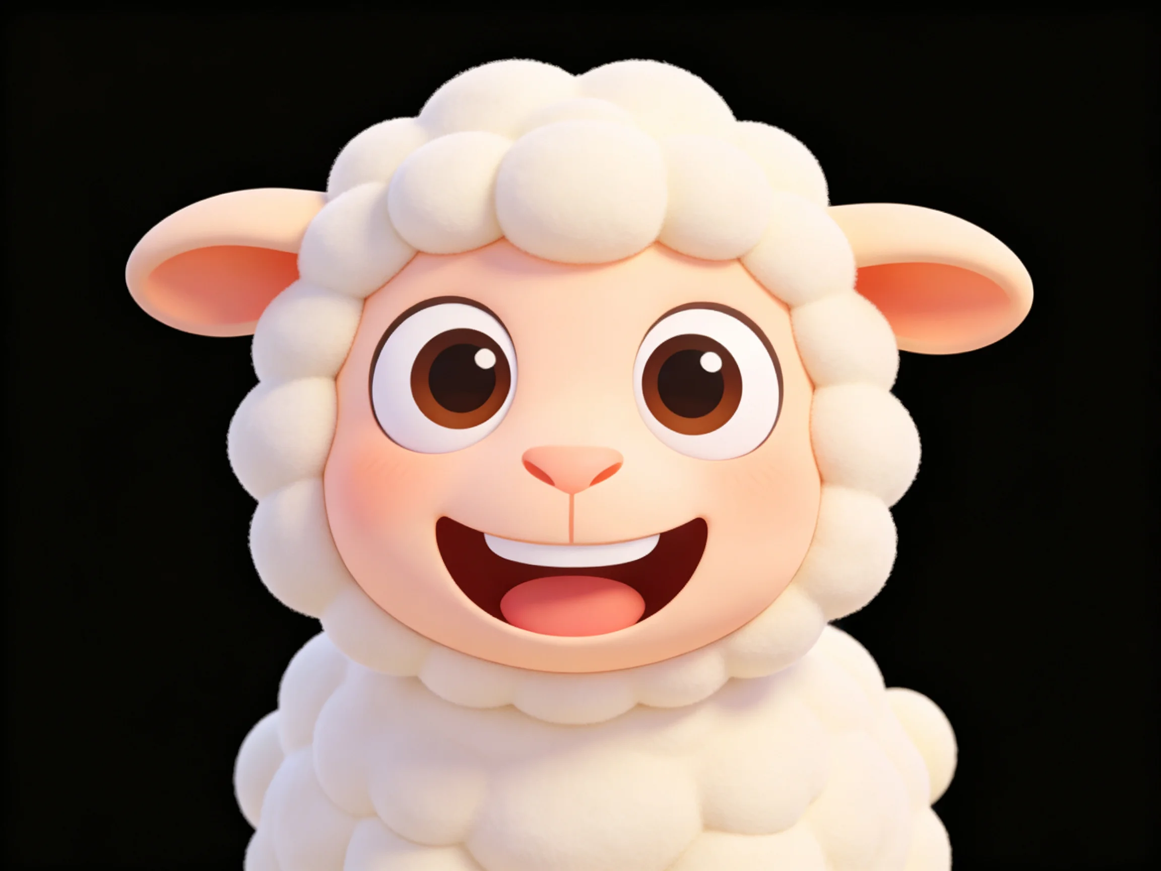 A cheerful cartoon sheep with fluffy white wool and large brown eyes