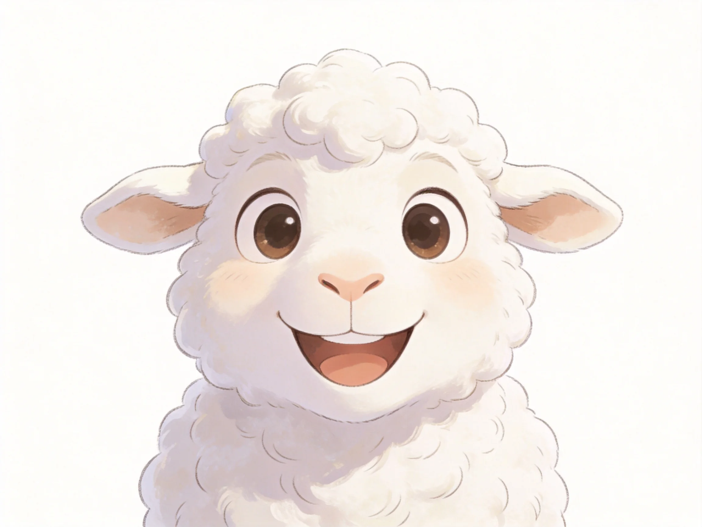 A cheerful cartoon sheep with fluffy white wool and large brown eyes