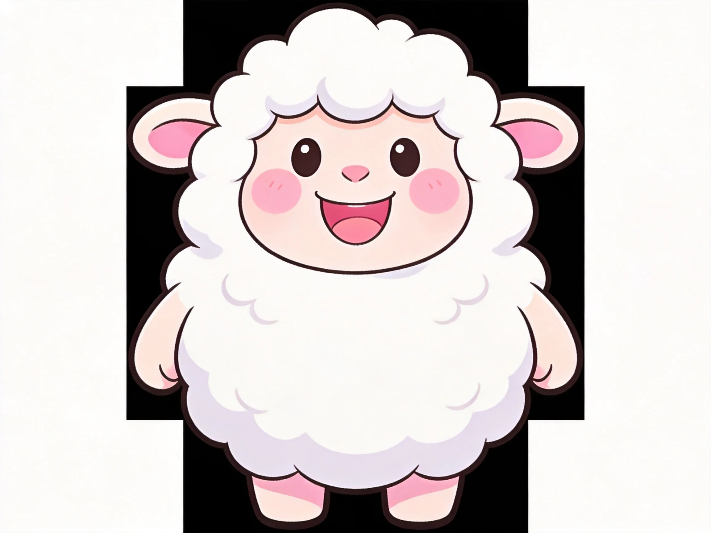 A cheerful cartoon sheep with fluffy white wool and pink accents