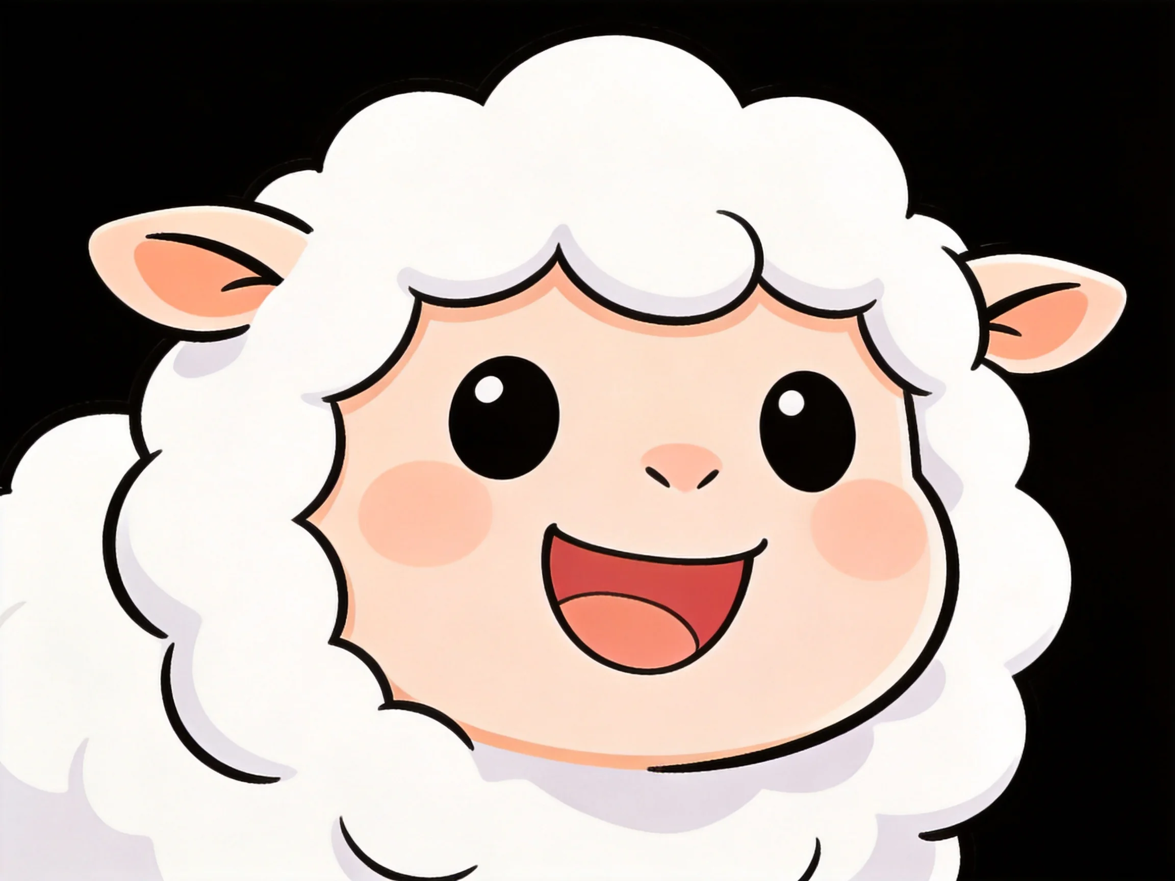 A cheerful cartoon sheep with fluffy white wool and pink cheeks
